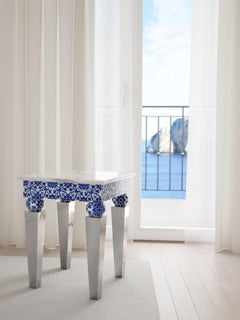Two Side Tables, White Marble, Mirror Steel, Blue Majolica Tiles, Also Outdoor