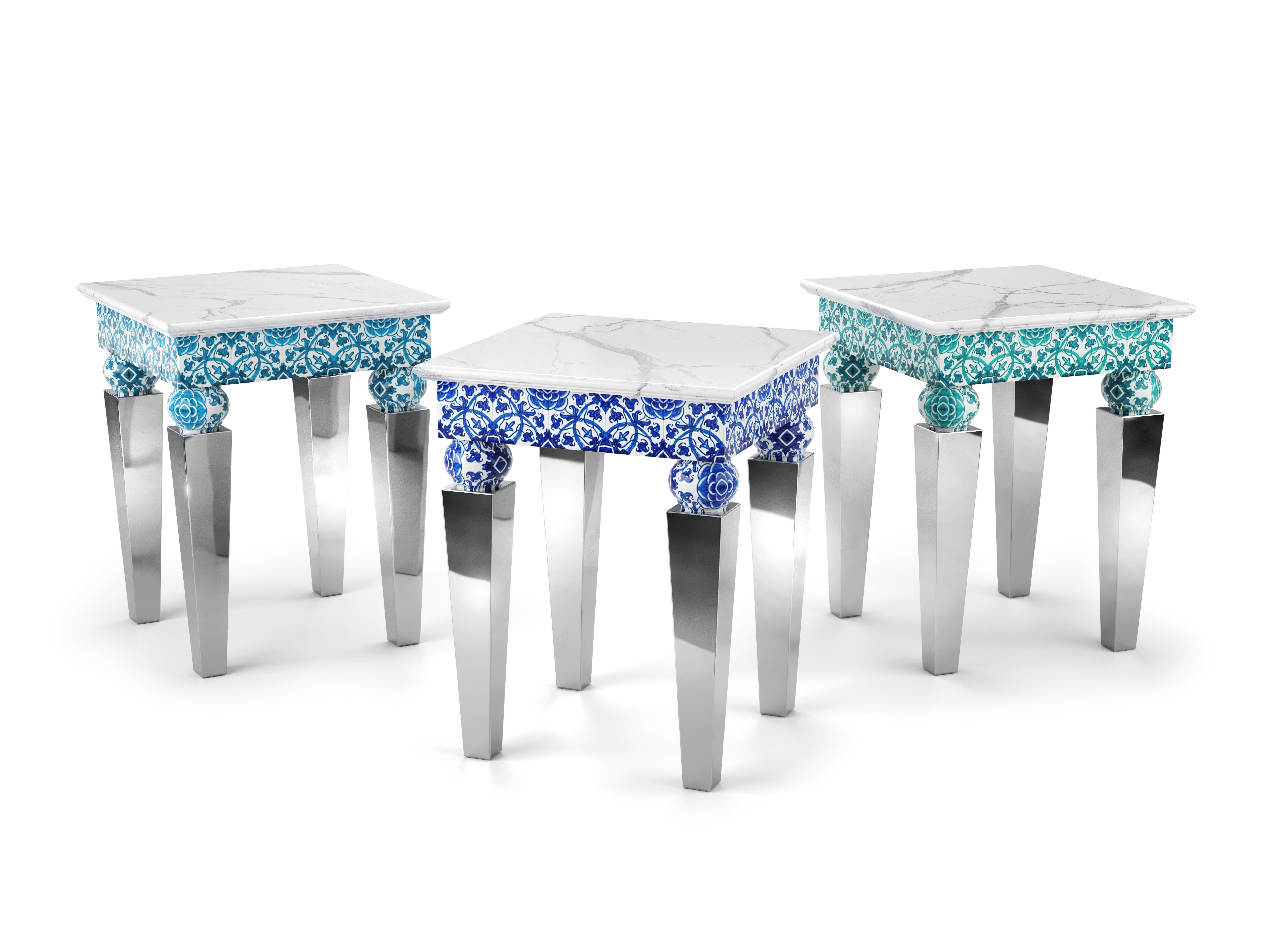 Italian Two Side Tables, White Marble, Mirror Steel, Blue Majolica Tiles, Also Outdoor For Sale