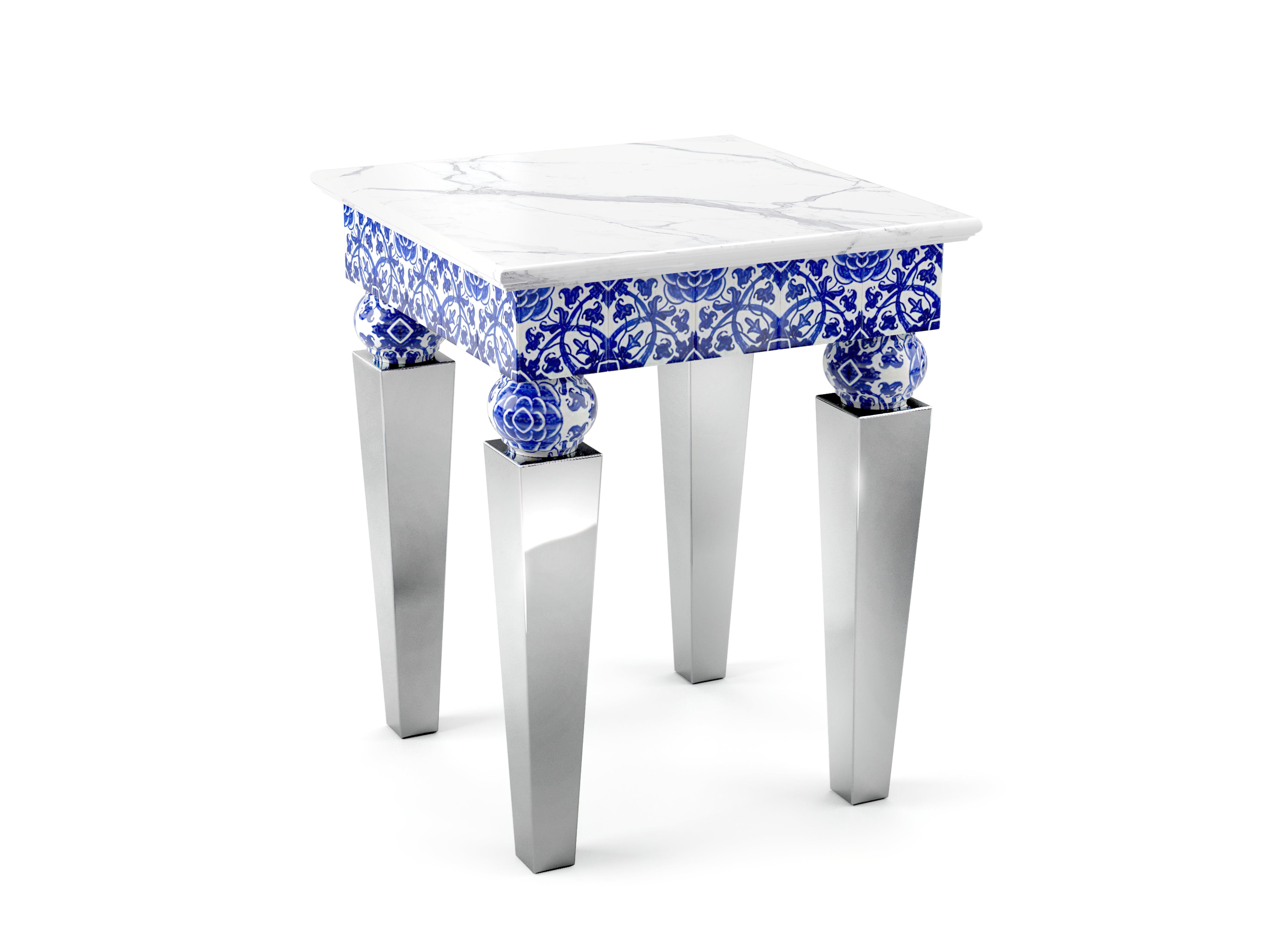 Two Side Tables, White Marble, Mirror Steel, Blue Majolica Tiles, Also Outdoor In New Condition For Sale In Recanati, IT