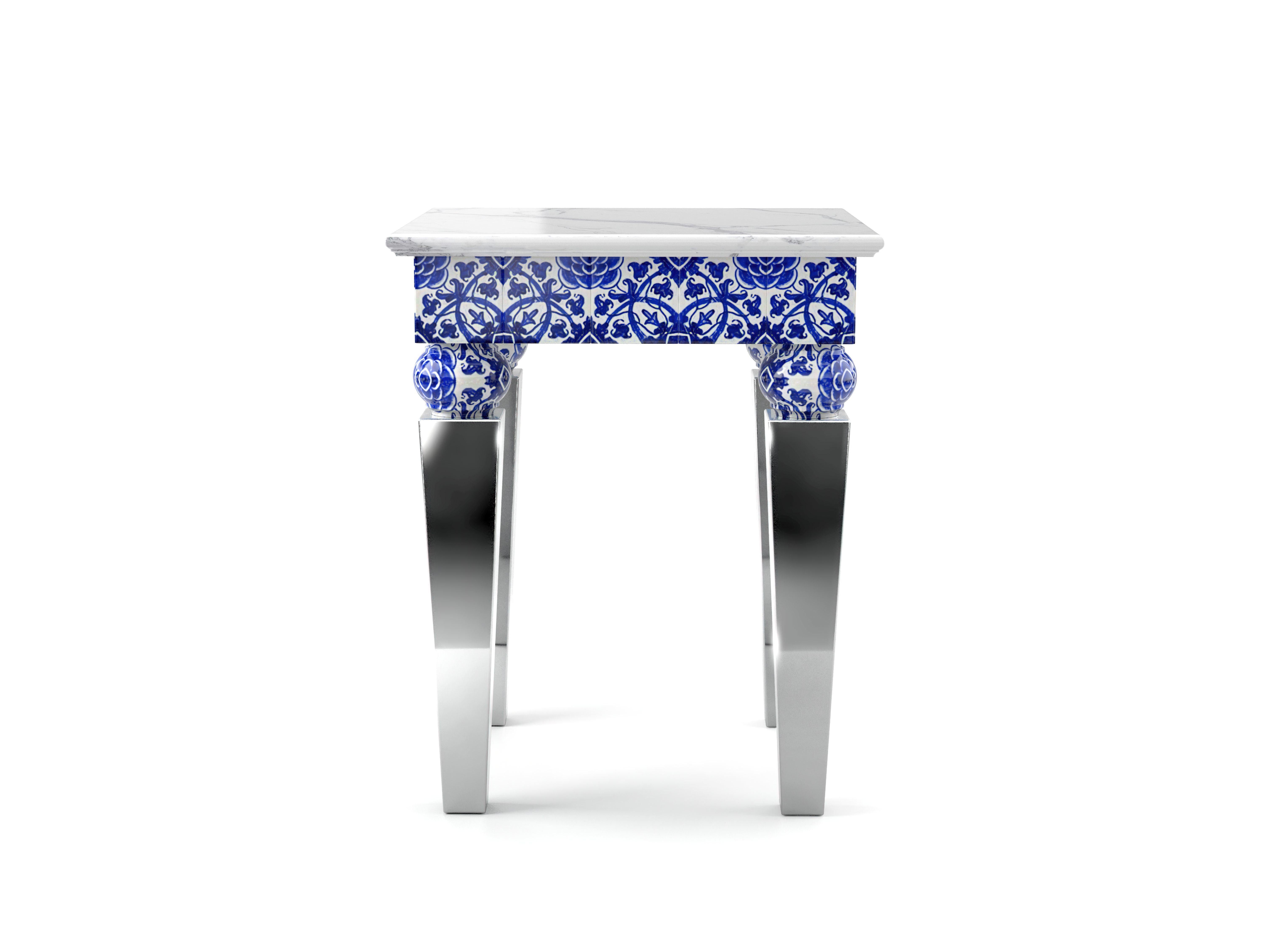 Contemporary Two Side Tables, White Marble, Mirror Steel, Blue Majolica Tiles, Also Outdoor For Sale