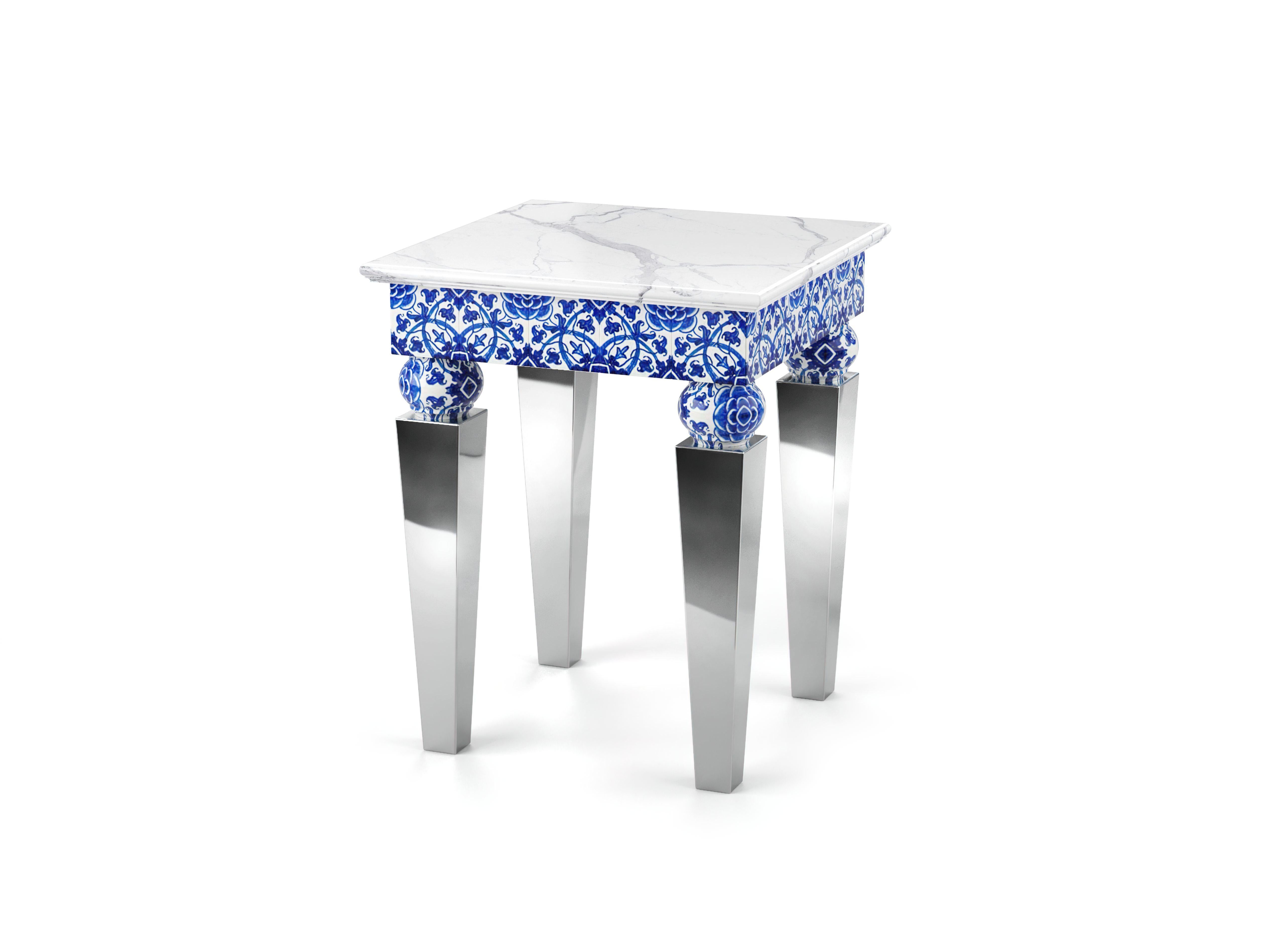 Ceramic Two Side Tables, White Marble, Mirror Steel, Blue Majolica Tiles, Also Outdoor For Sale