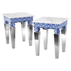 Two Side Tables, White Marble, Mirror Steel, Blue Majolica Tiles, Also Outdoor