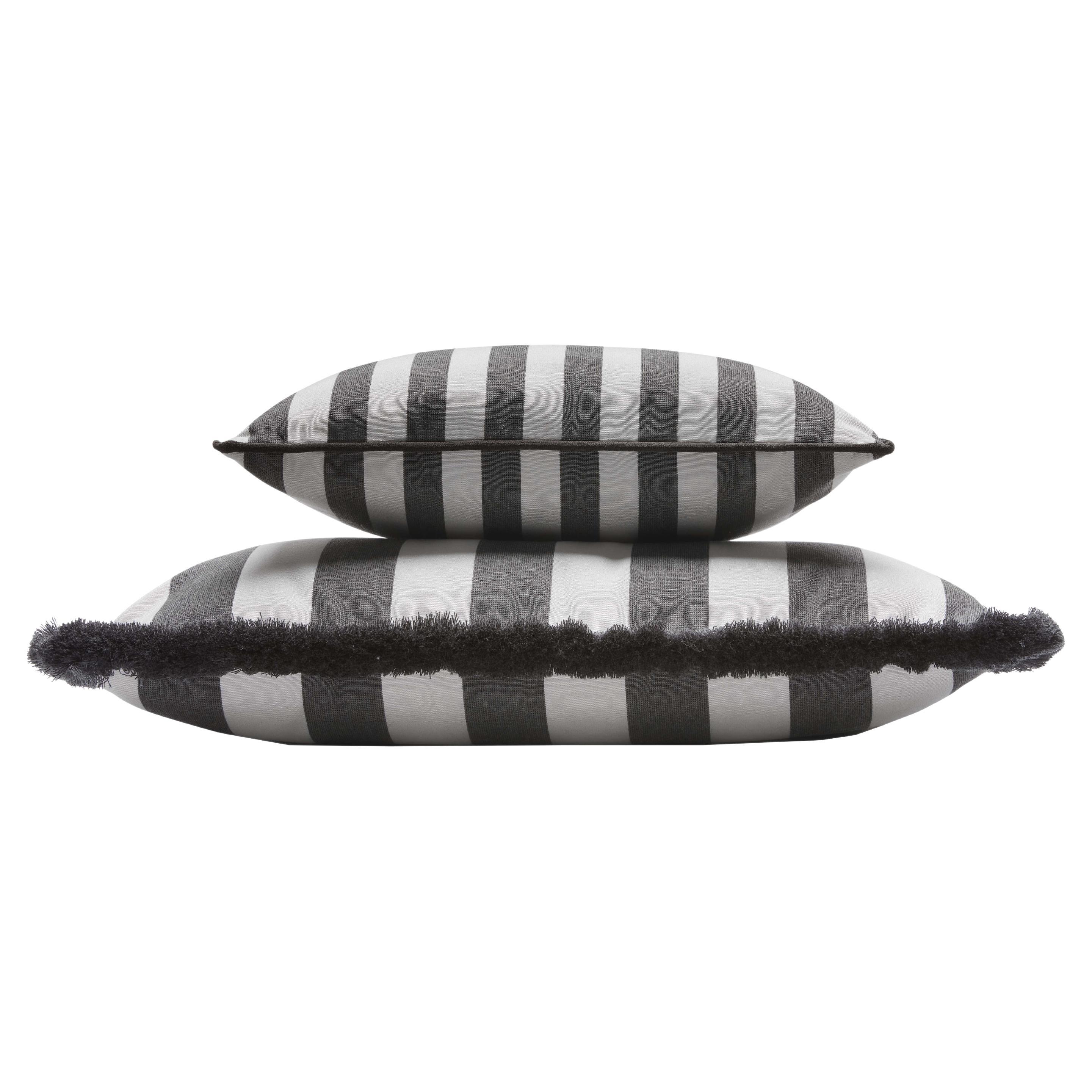 Couple Striped Happy Pillow Outdoor Fringes and Piping White and Carbon For Sale