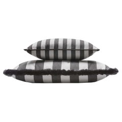 Couple Striped Happy Pillow Outdoor Fringes and Piping White and Carbon