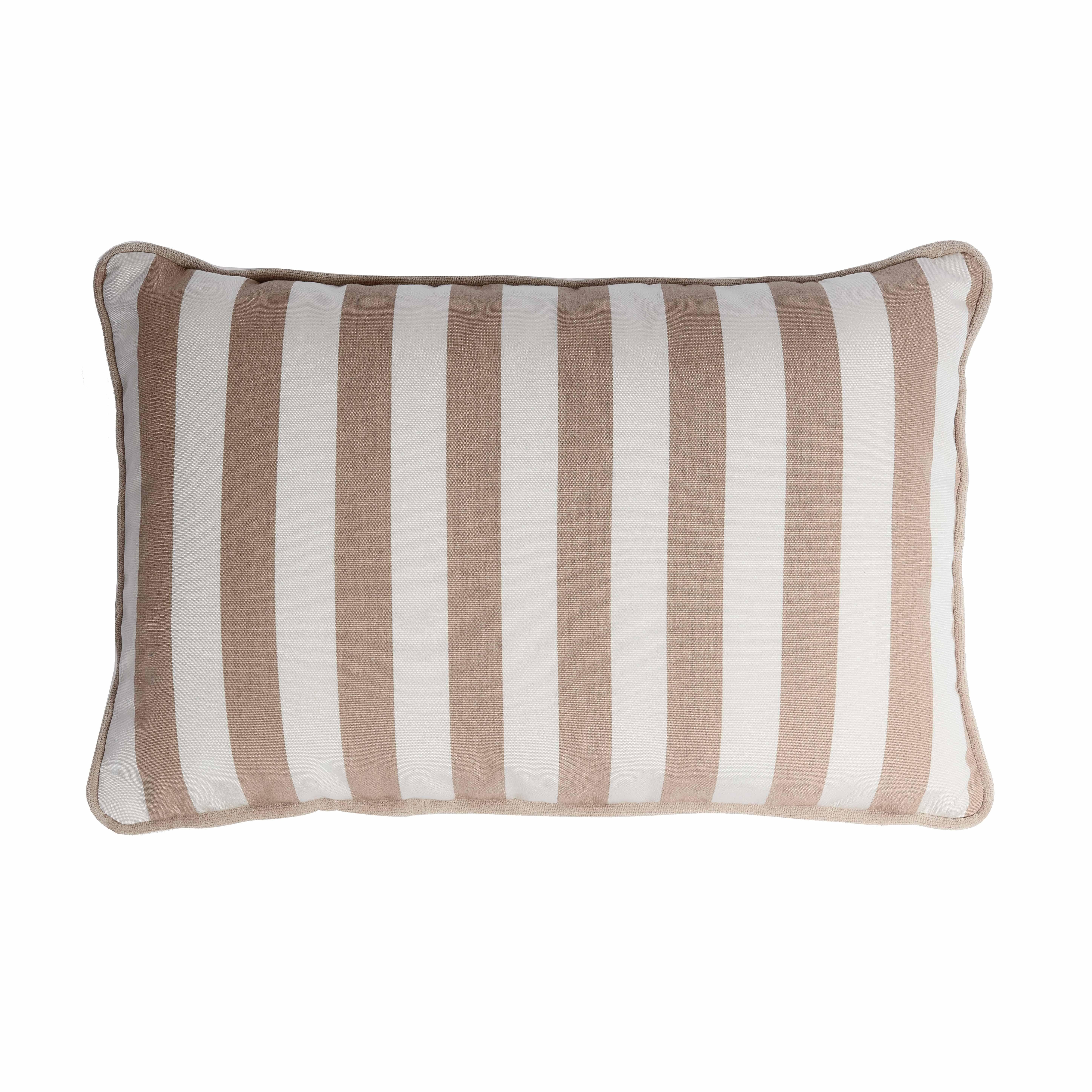 Modern Couple Striped Happy Pillow Outdoor Fringes and Piping Beige and White For Sale