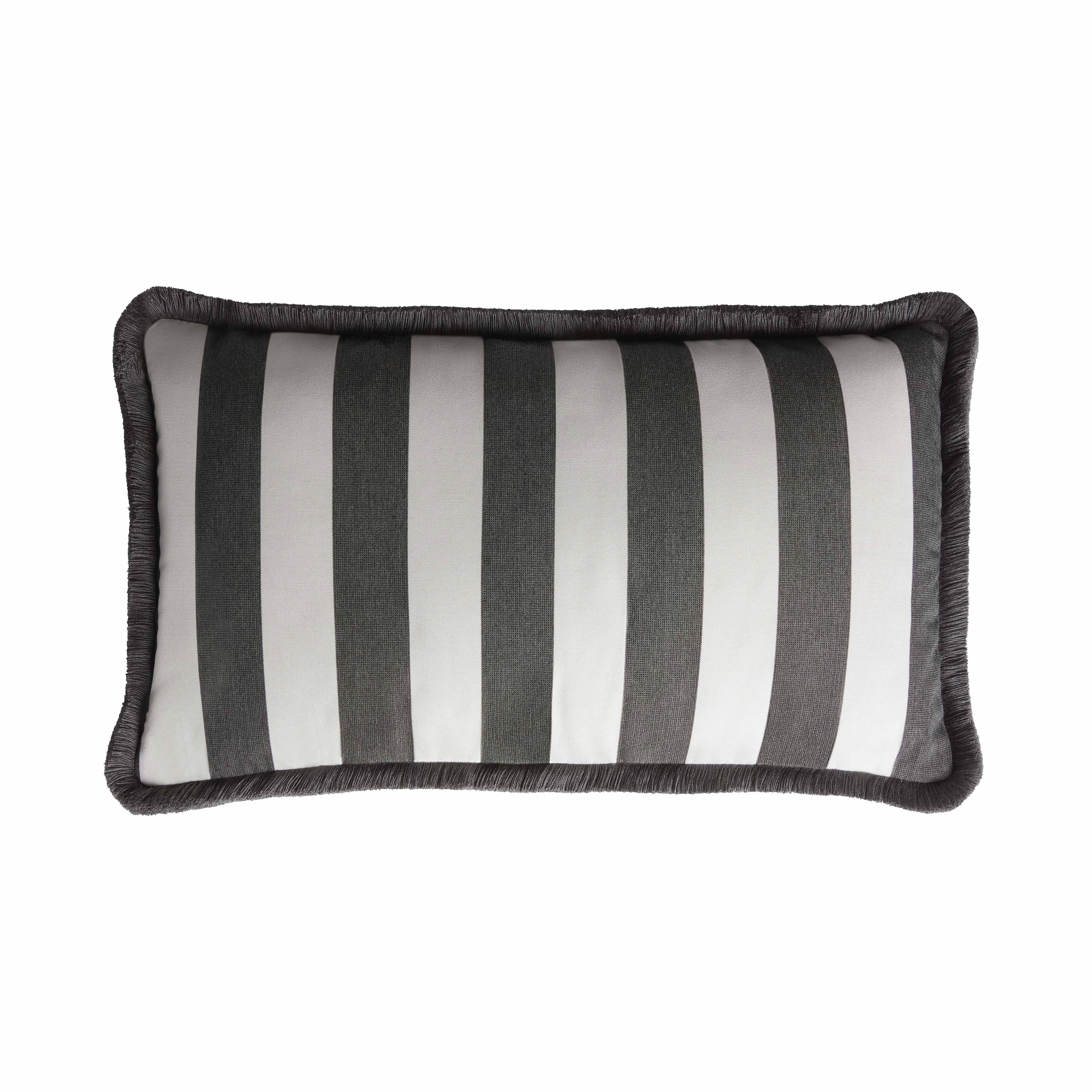 Italian Couple Striped Happy Pillow Outdoor Fringes and Piping Beige and White For Sale