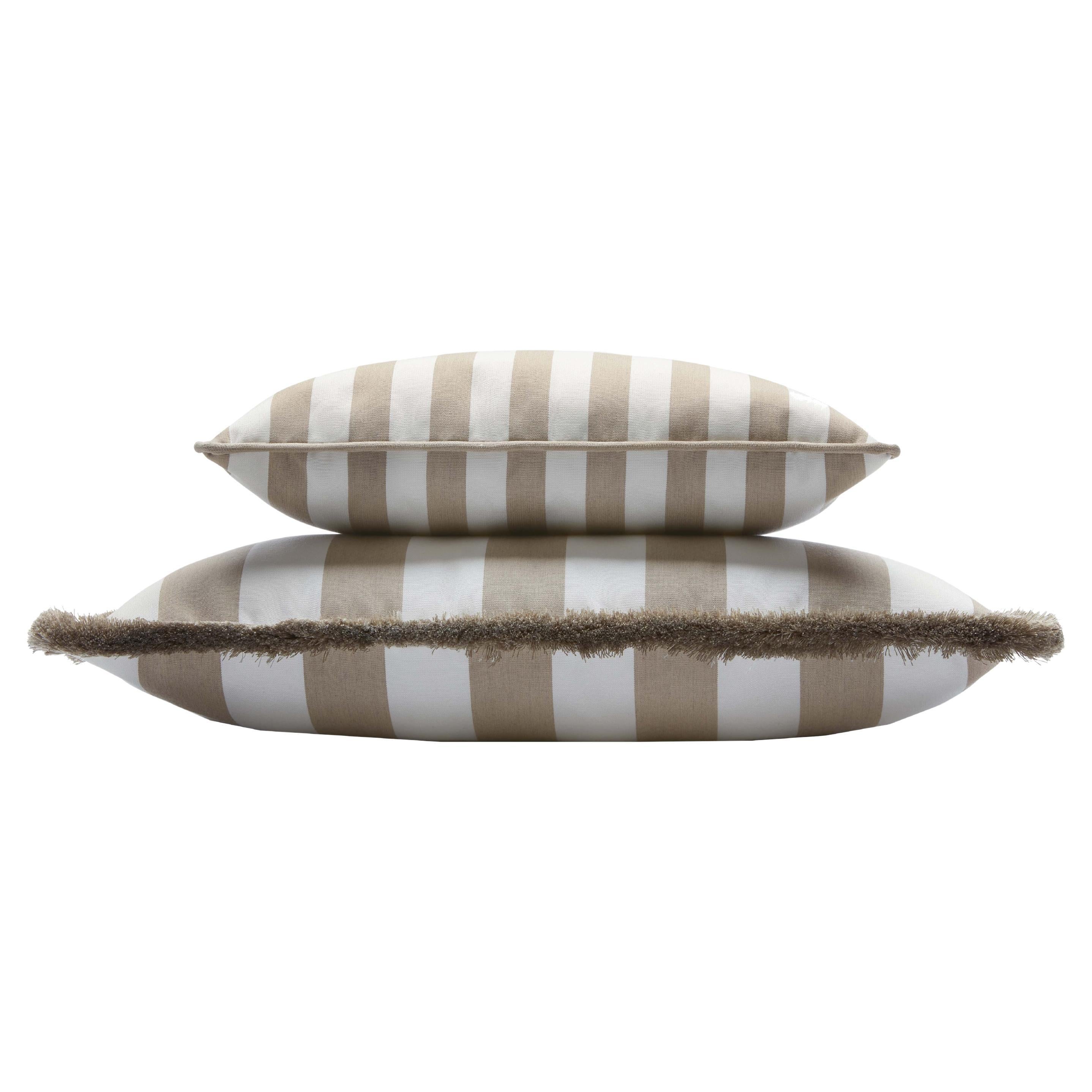 Couple Striped Happy Pillow Outdoor Fringes and Piping Beige and White For Sale