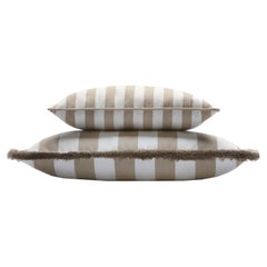 Couple Striped Happy Pillow Outdoor Fringes and Piping Beige and White