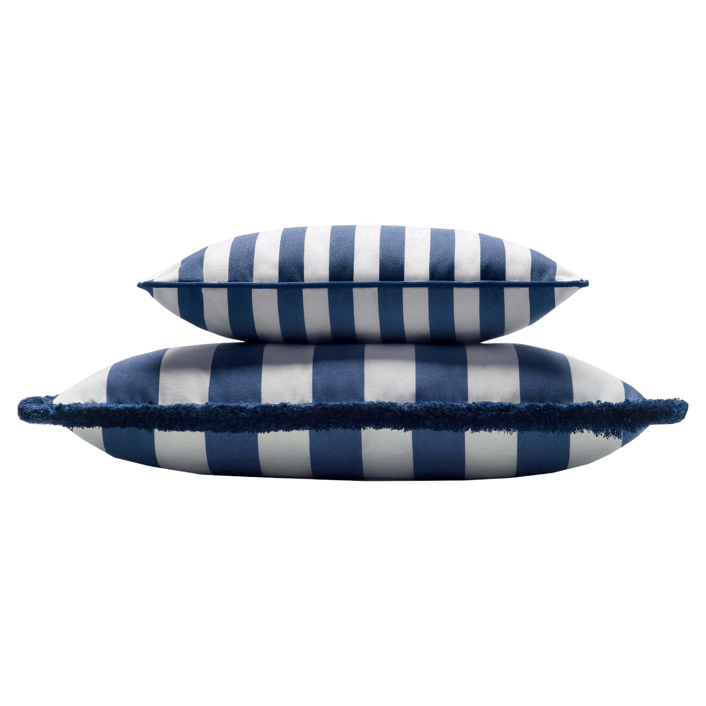 Couple Striped Happy Pillow Outdoor Fringes and Piping Blue and White For Sale