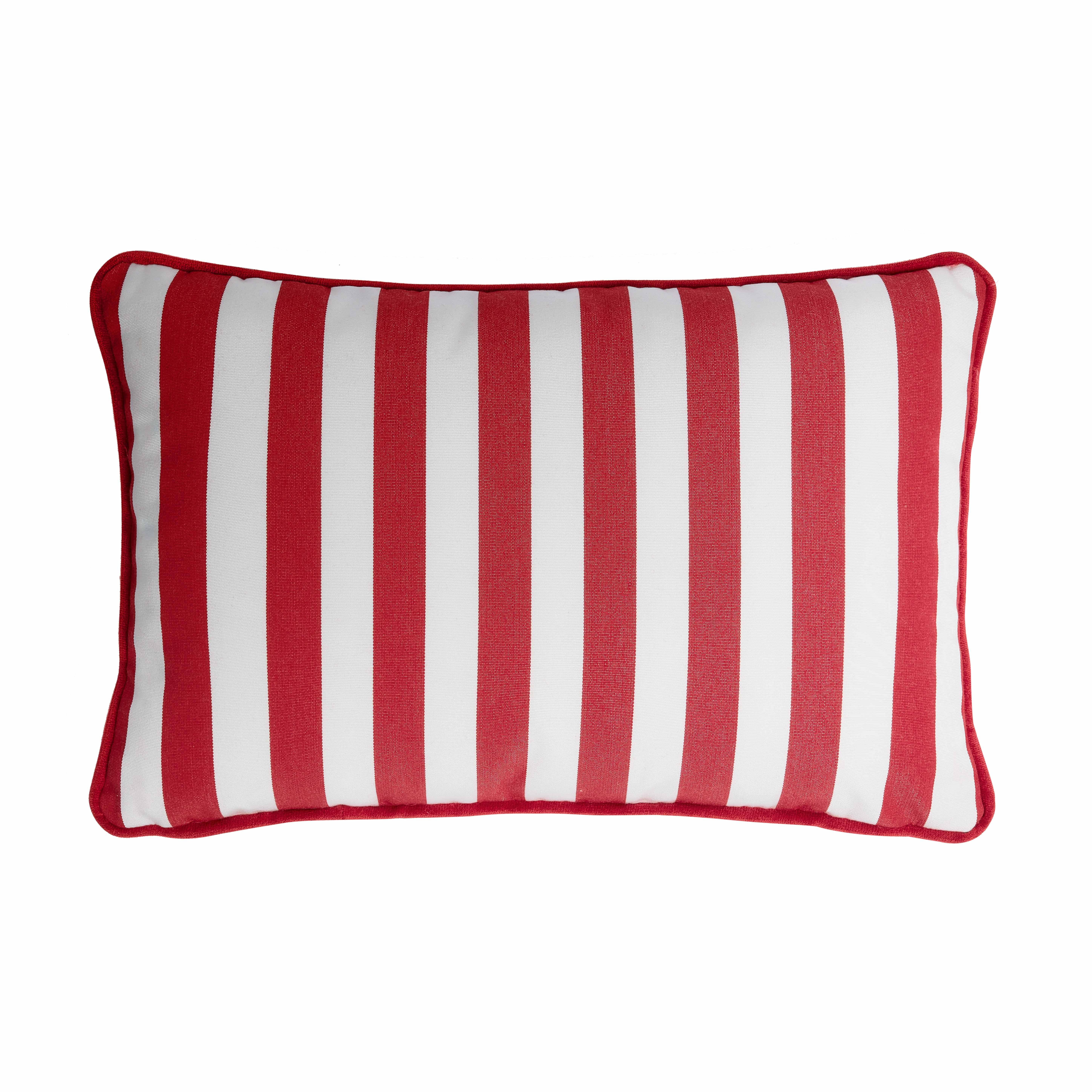 Modern Couple Striped Happy Pillow Outdoor Fringes and Piping Red and White For Sale