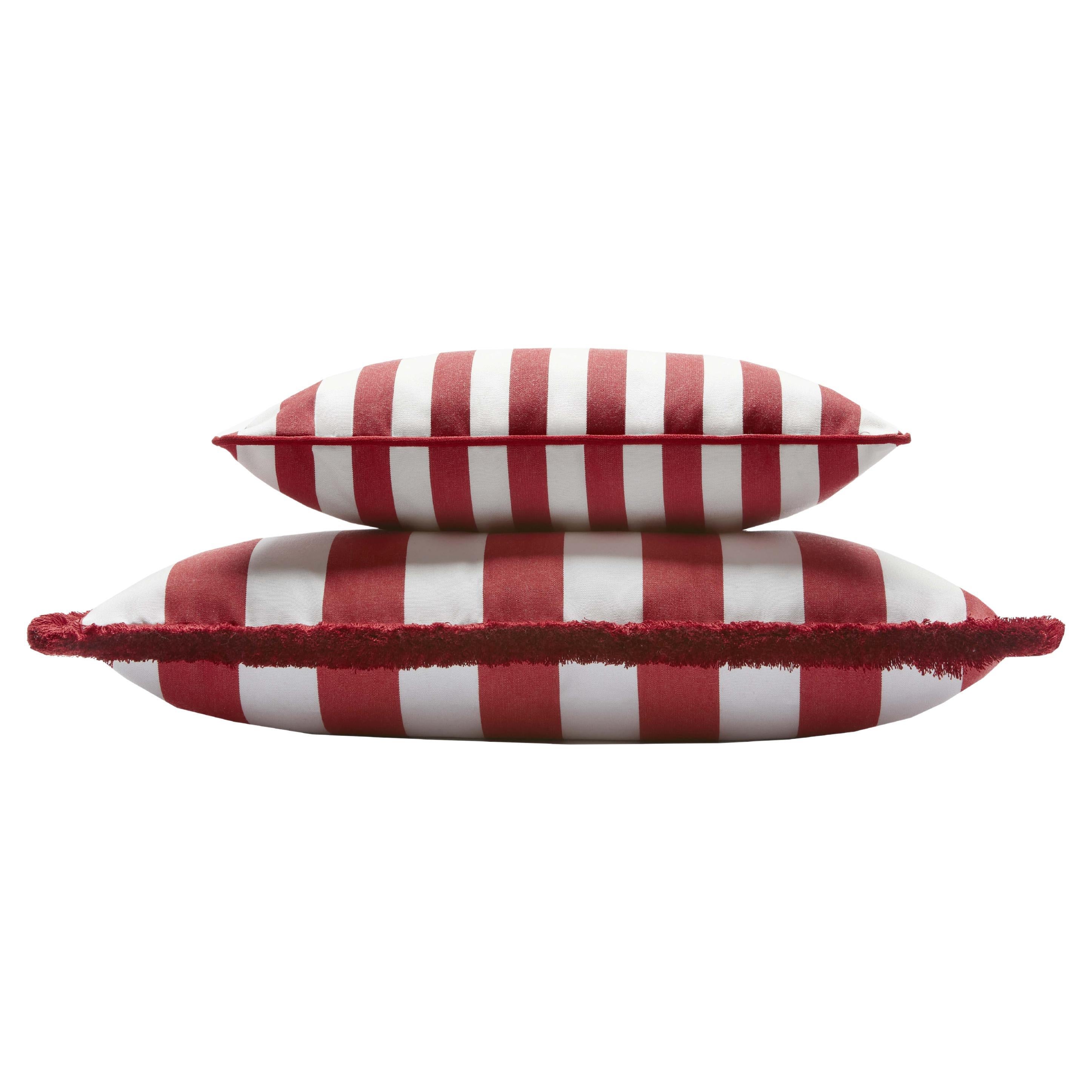 Couple Striped Happy Pillow Outdoor Fringes and Piping Red and White For Sale