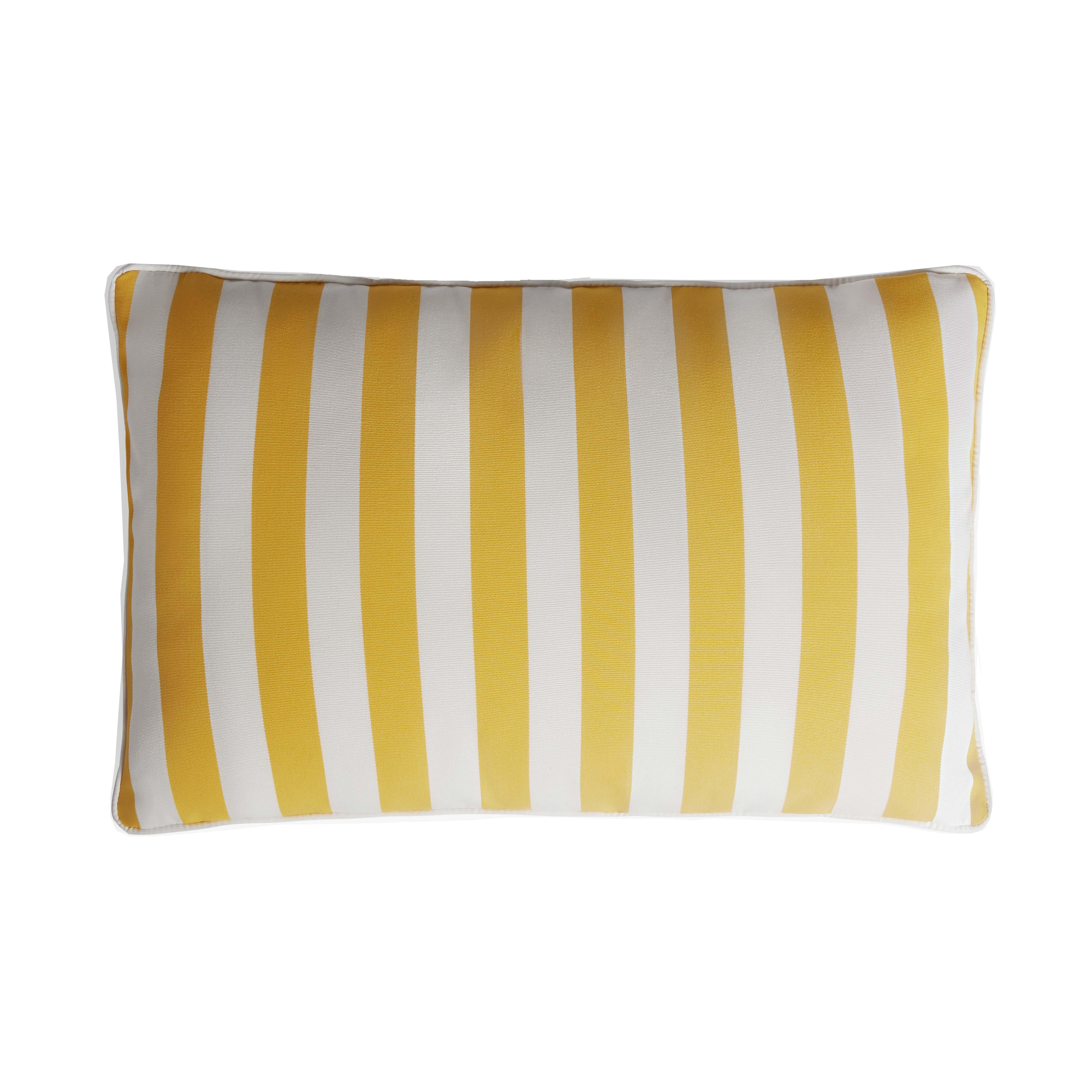 Modern Couple Striped Happy Pillow Outdoor Fringes and Piping Yellow and White For Sale