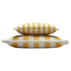 Couple Striped Happy Pillow Outdoor Fringes and Piping Yellow and White