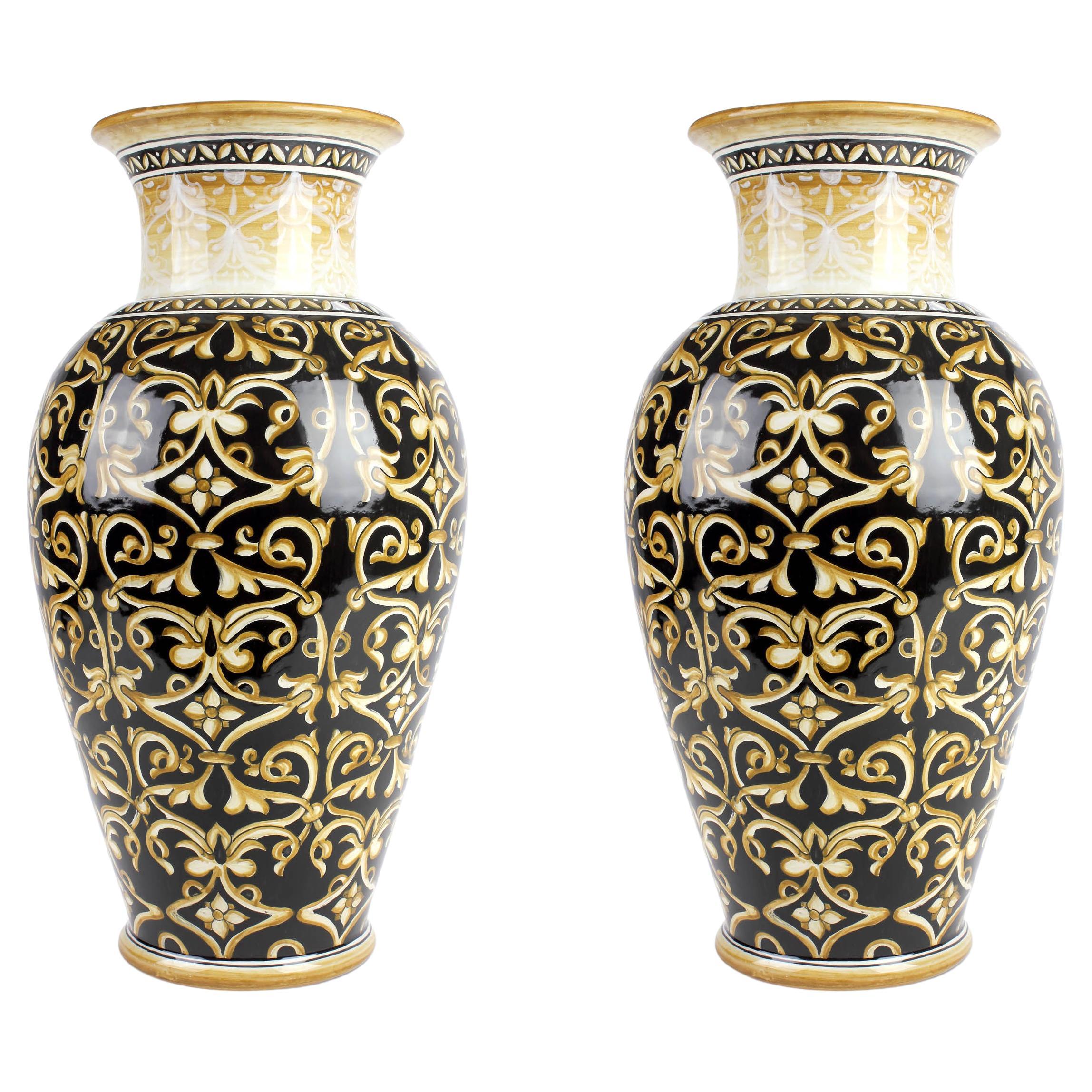Couple Vases Vessels Ceramic Painted Flower Holder Decorative Ornament Majolica
