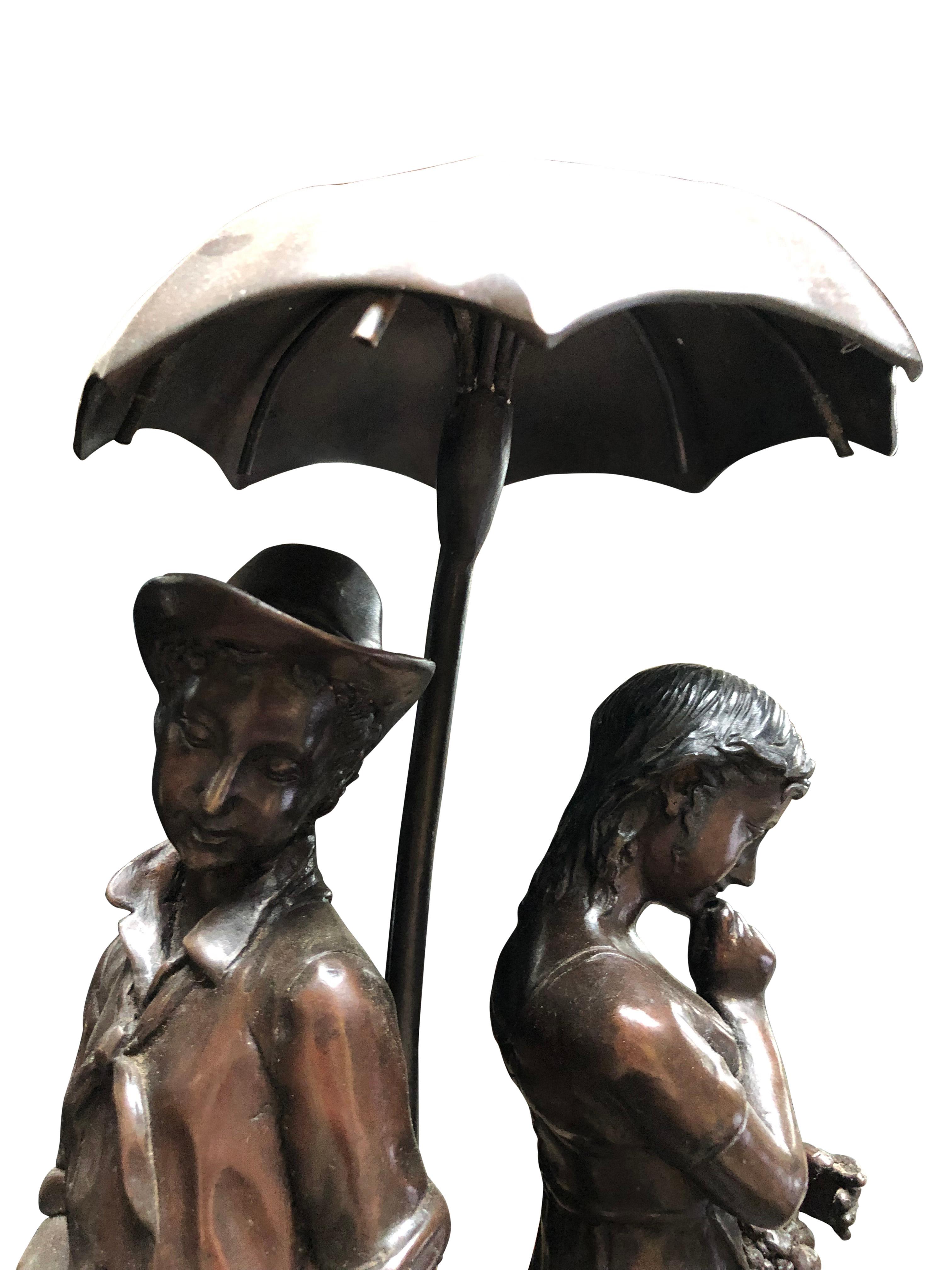 French Couple With Umbrella, Bronze Fountain, 20th Century For Sale