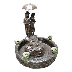 Vintage Couple With Umbrella, Bronze Fountain, 20th Century