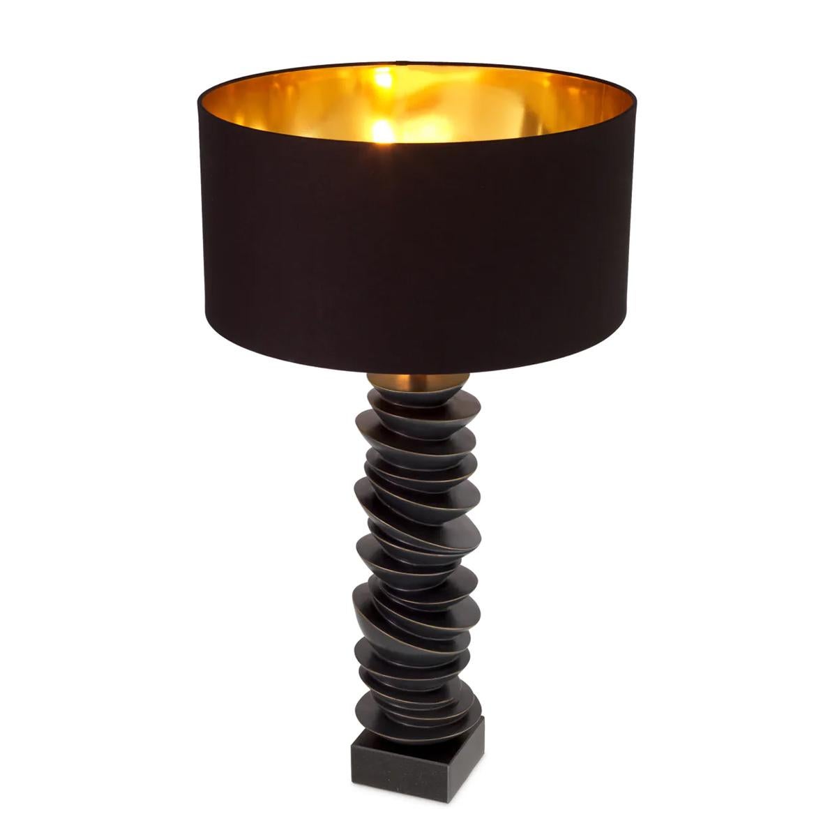 Table Lamp Coupole with black granite base and
stand in aluminium in bronze finish. With shade in
black cotton outside and gilt inside. 1 bulb, lamp
holder type E27, max 40 watt, 220-240 volt. bulb
not included.