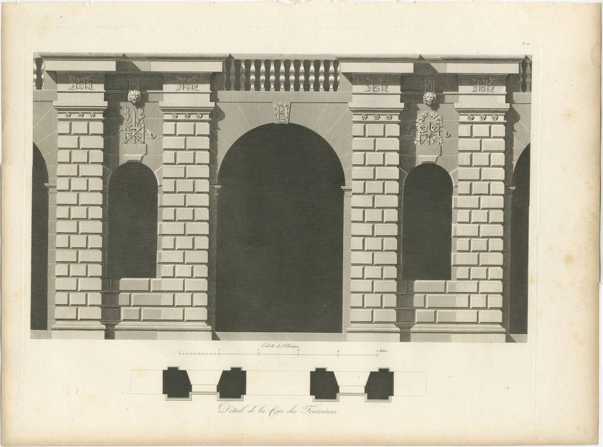 Cour des Fontaines - Architectural Copperplate Engraving by Baltard, 1803
