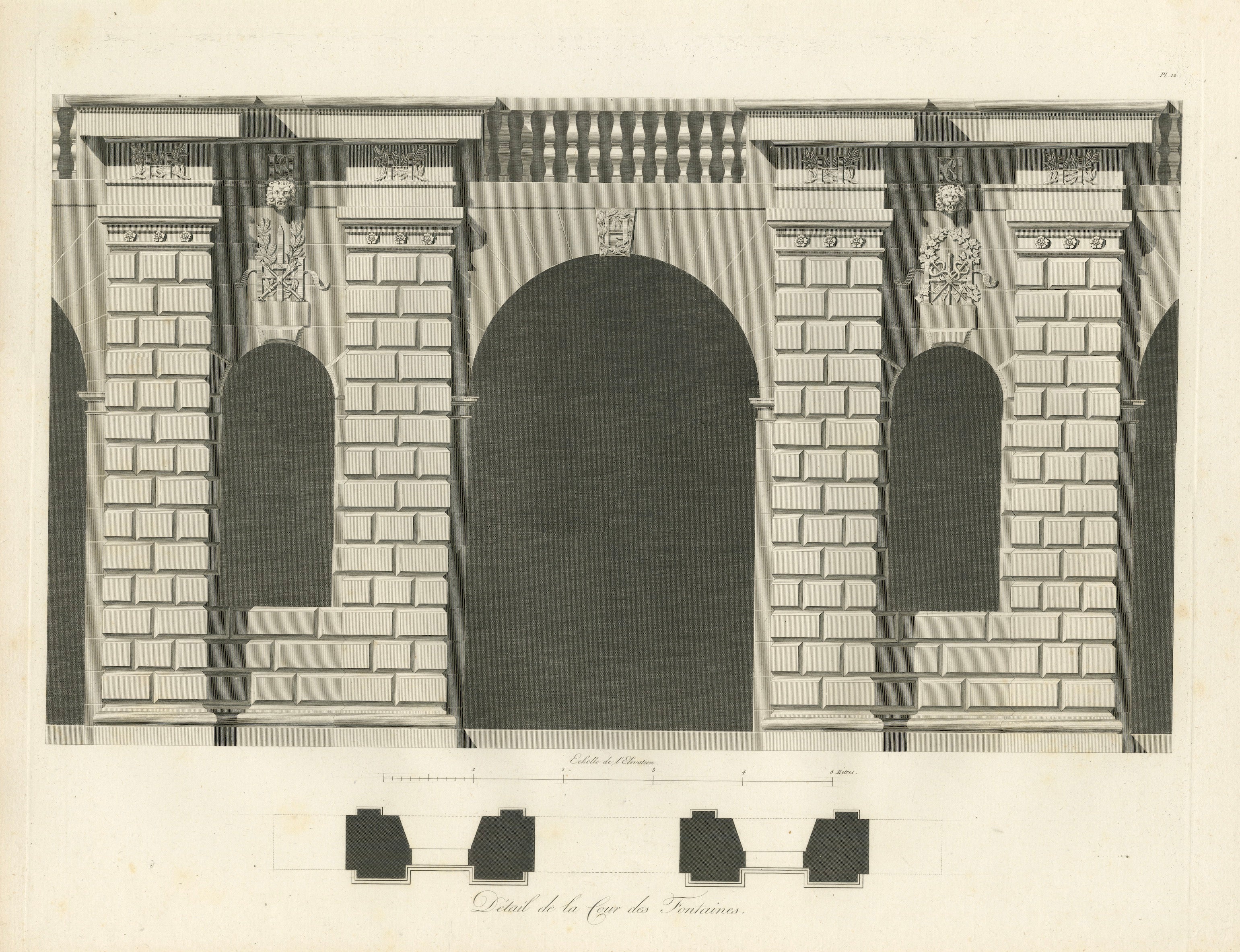 Cour des Fontaines - Gravure architecturale sur cuivre de Baltard, 1803