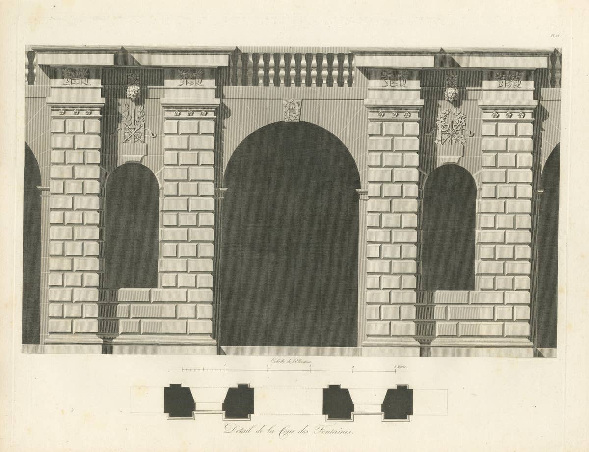 Cour des Fontaines - Architectural Copperplate Engraving by Baltard, 1803