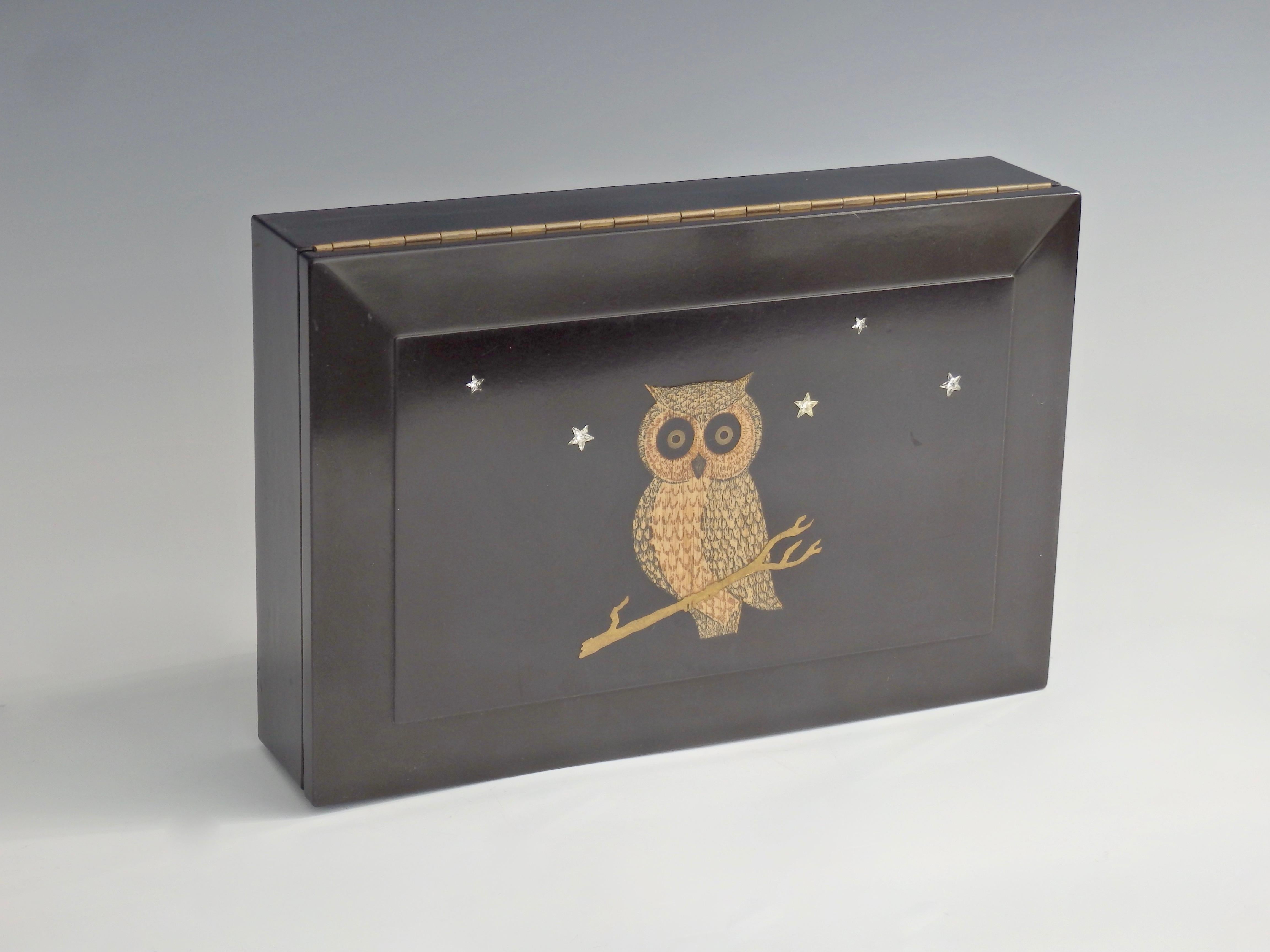 Mid-Century Modern Couroc of Monterey Hinged Bakelite Dresser Top Accessory Box with Owl Inlay