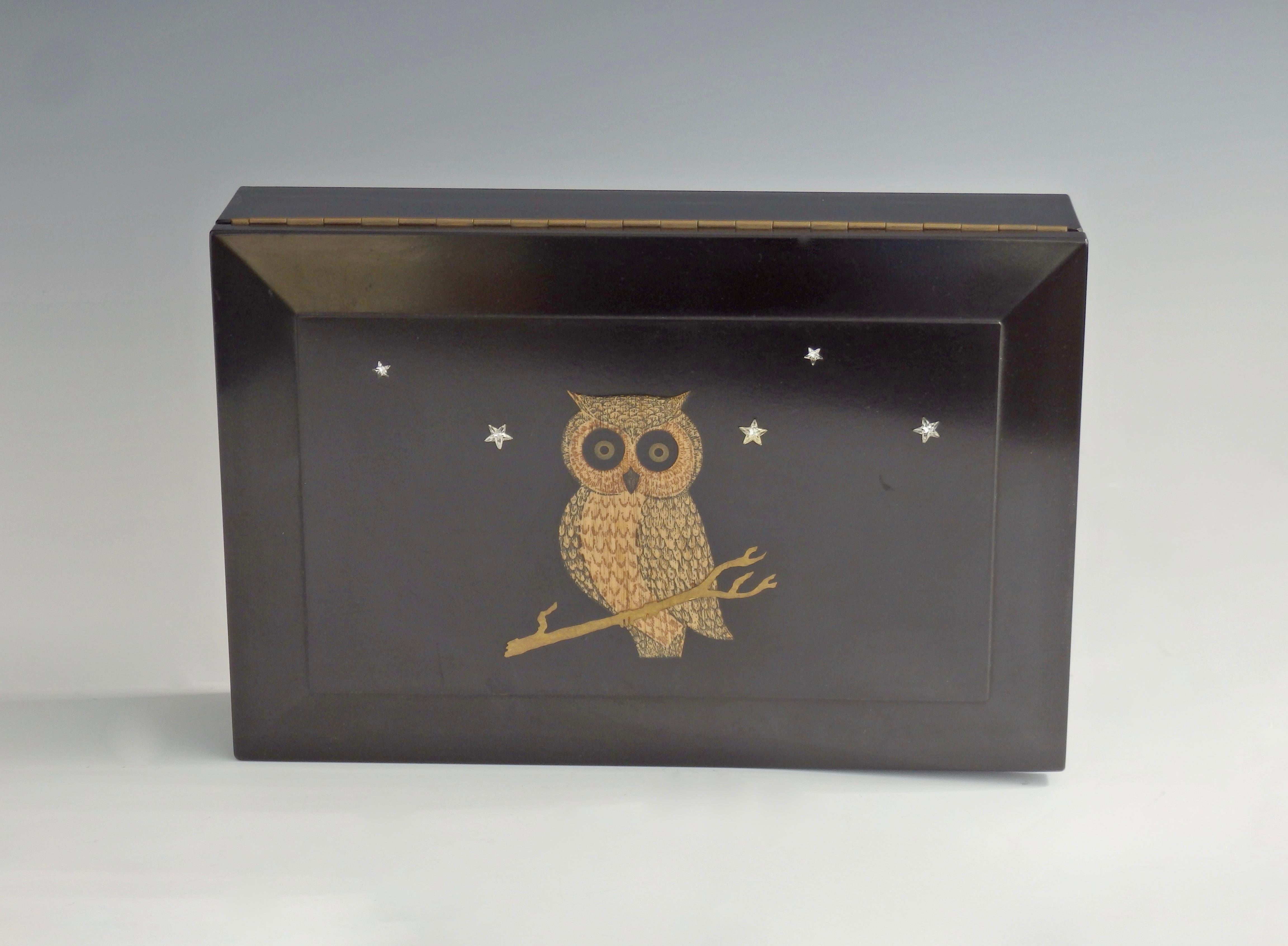 American Couroc of Monterey Hinged Bakelite Dresser Top Accessory Box with Owl Inlay