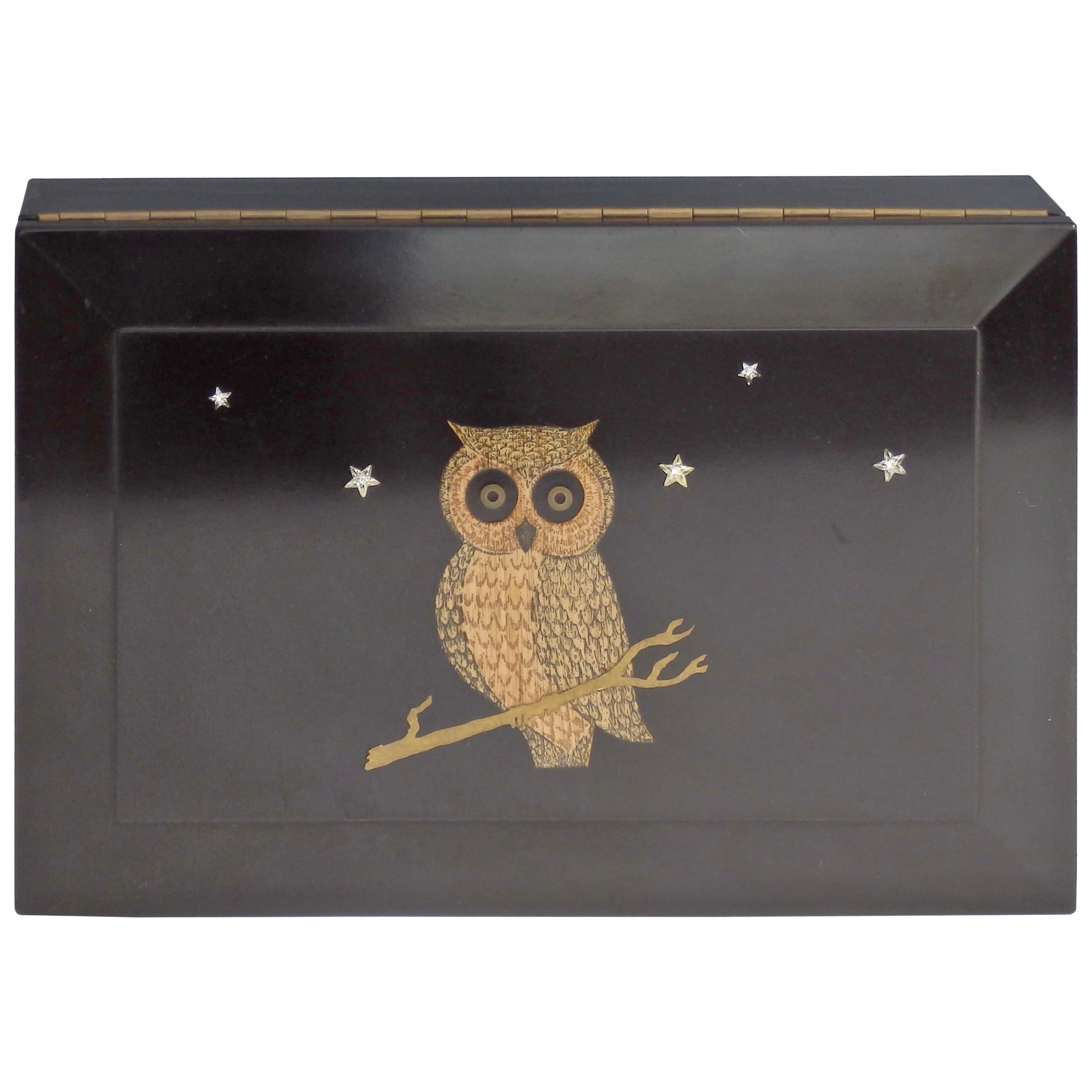 Couroc of Monterey Hinged Bakelite Dresser Top Accessory Box with Owl Inlay