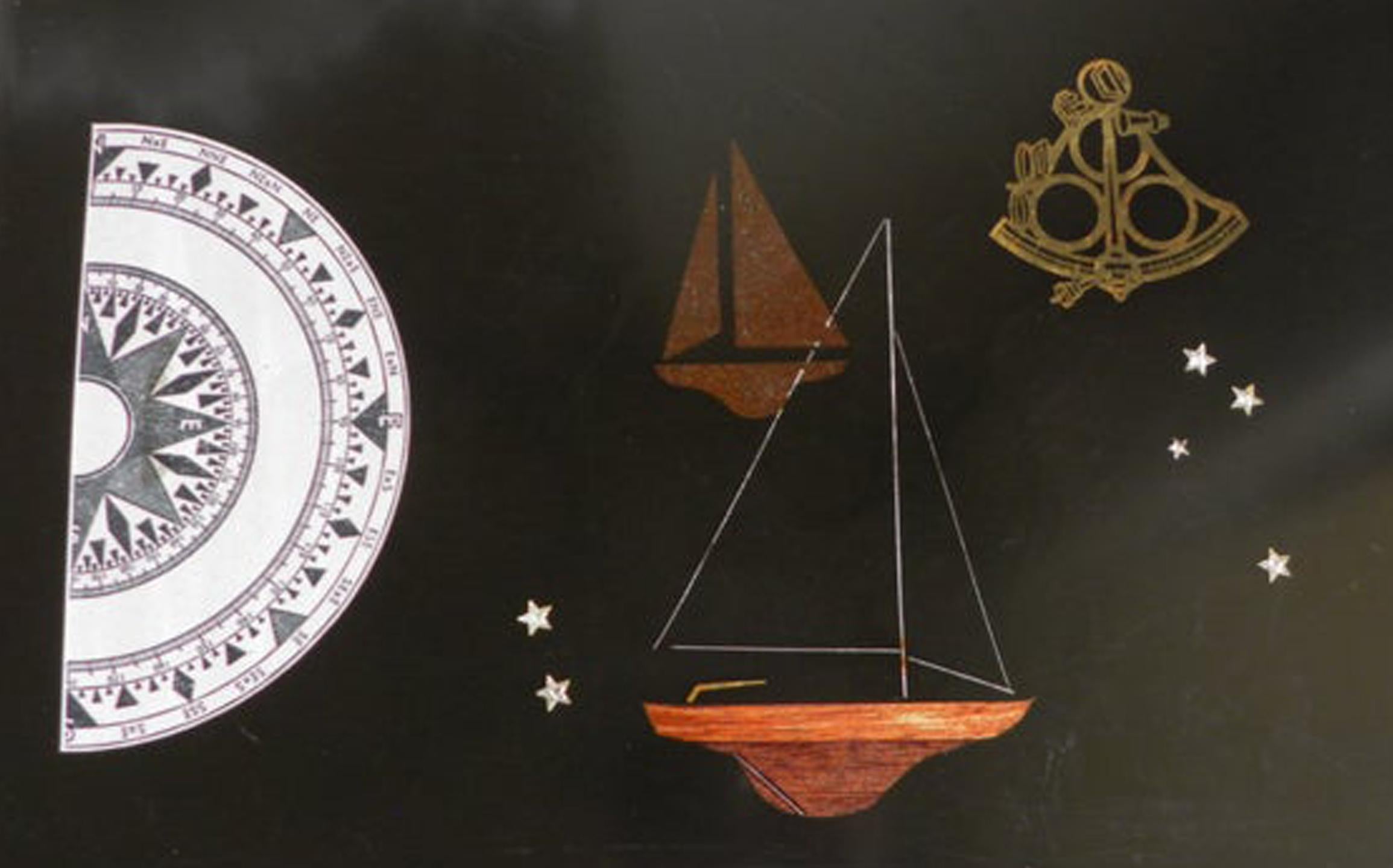 Couroc resin tray with sailing ships and compass,
The 1970s

The black resin rectangular tray is decorated with two sailing yachts with crystal stars to bow and stern. To the left is an ivory-colored compass and to the top right a bronze sextant.