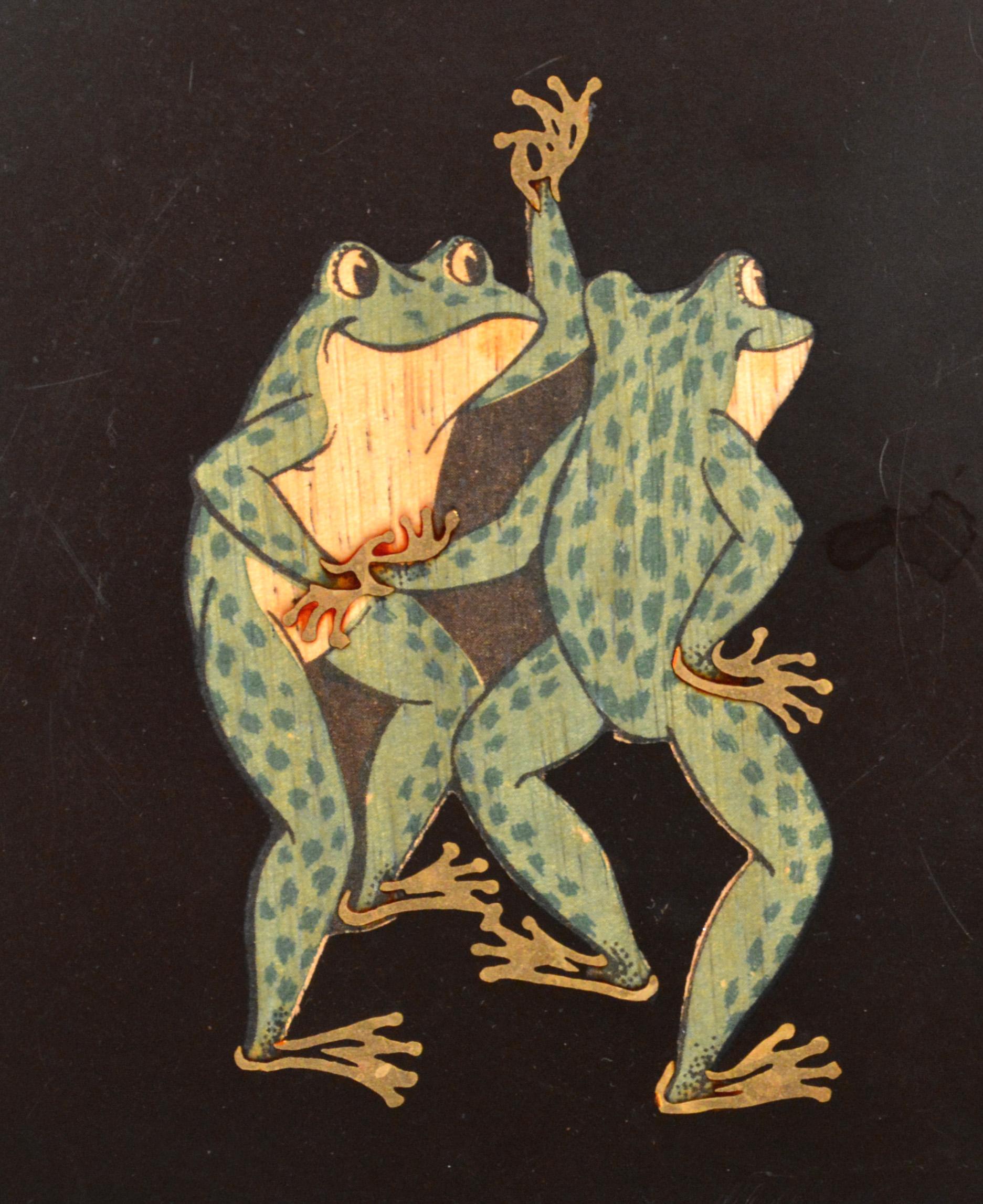 Couroc tray with frogs.
Resin,
Monterey, California
1970s.

Charming whimsical oval tray decorated with dancing frogs.

Dimensions: 9 5/8 inches deep x 12 1/2 inches wide x 3/4 inches high

Guthrie Courvoisier and his wife, Moira Wallace,
