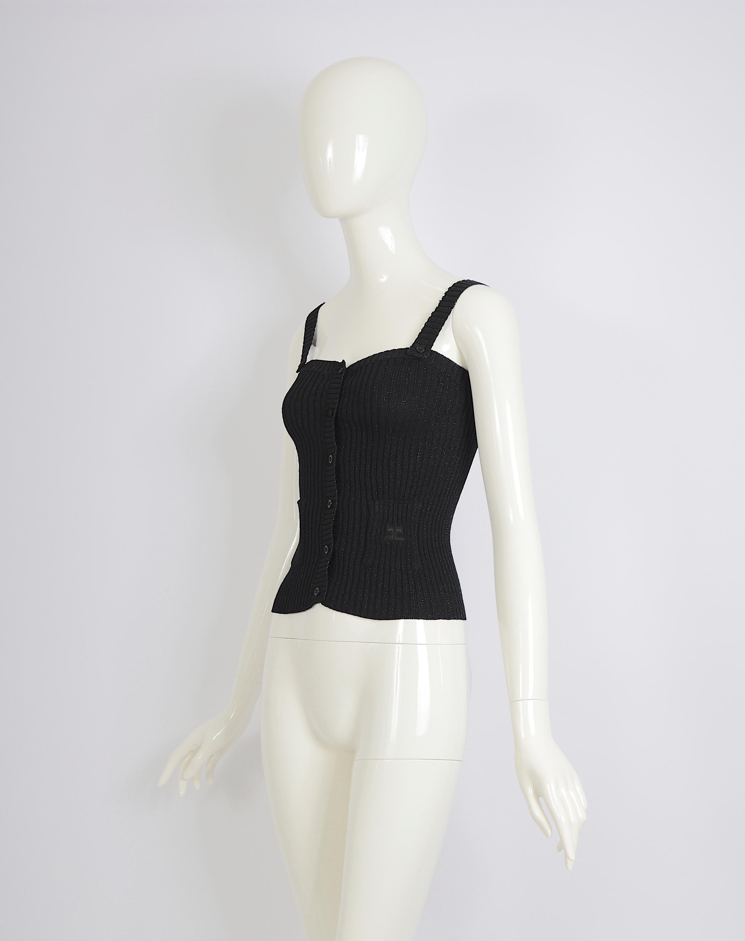 Courrèges 1960s black cotton & lurex stretch top with front button closure In Excellent Condition For Sale In Antwerpen, Vlaams Gewest