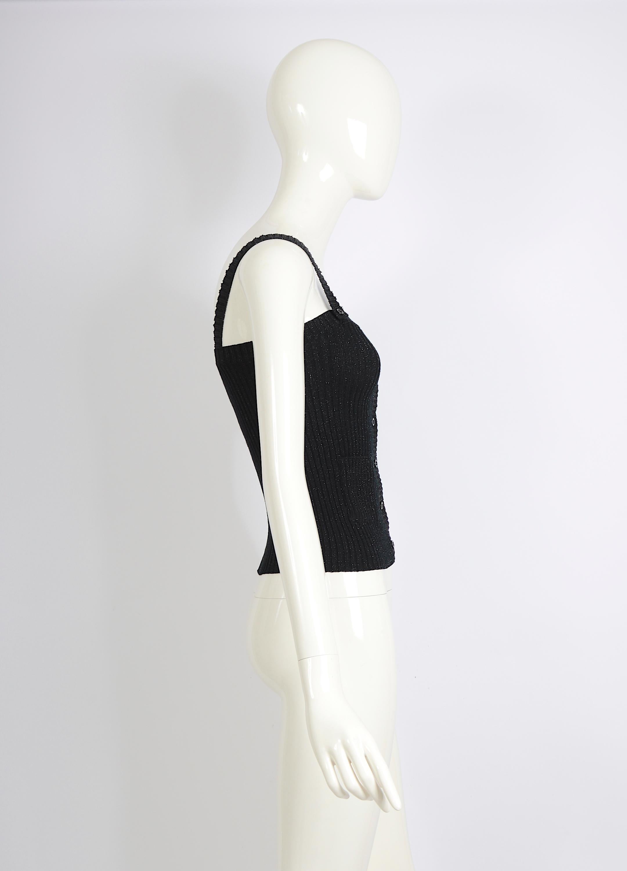 Women's Courrèges 1960s black cotton & lurex stretch top with front button closure For Sale