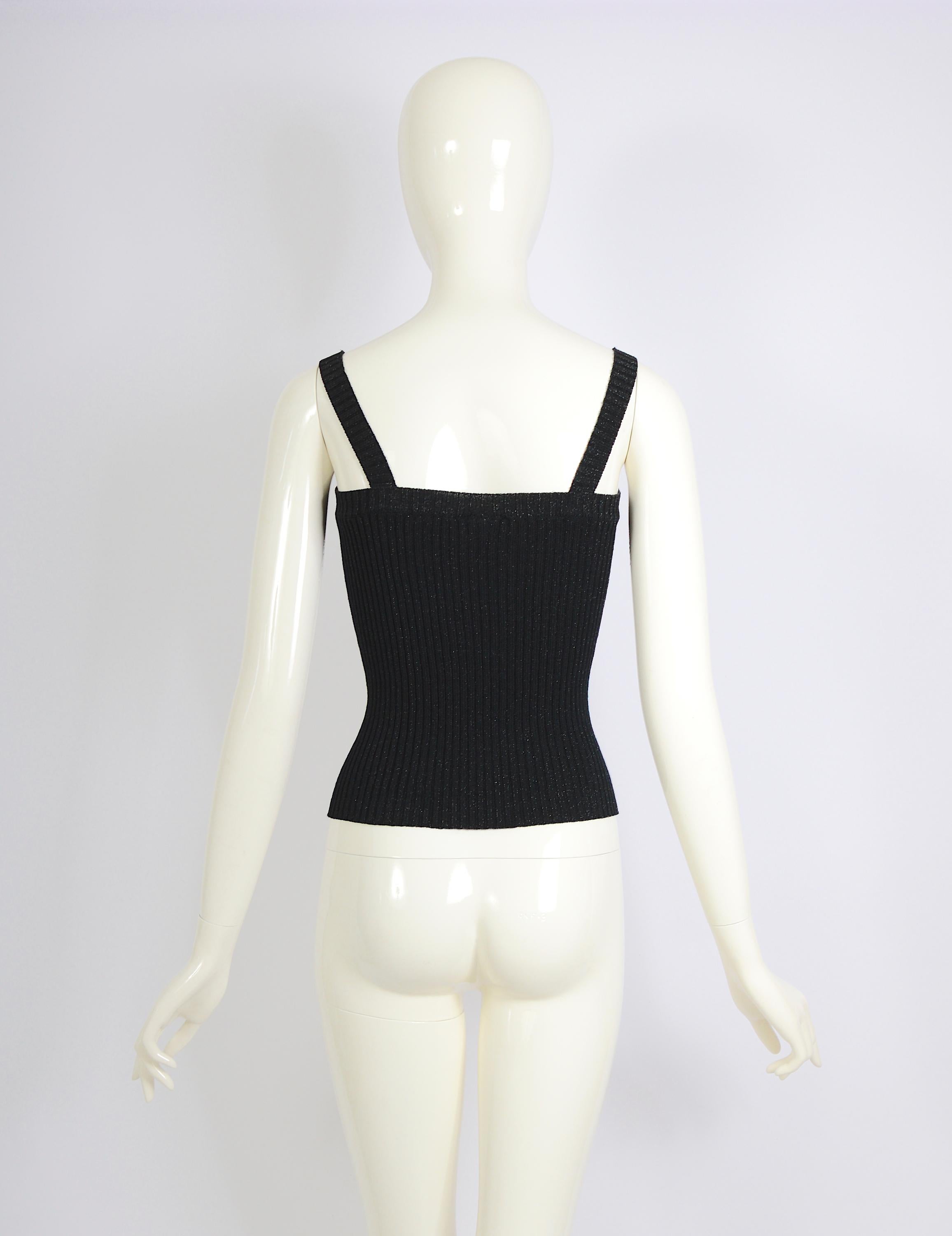Courrèges 1960s schwarzes Baumwoll- und Lurex-Top aus Stretch mit Knopfverschluss vorne im Angebot 1