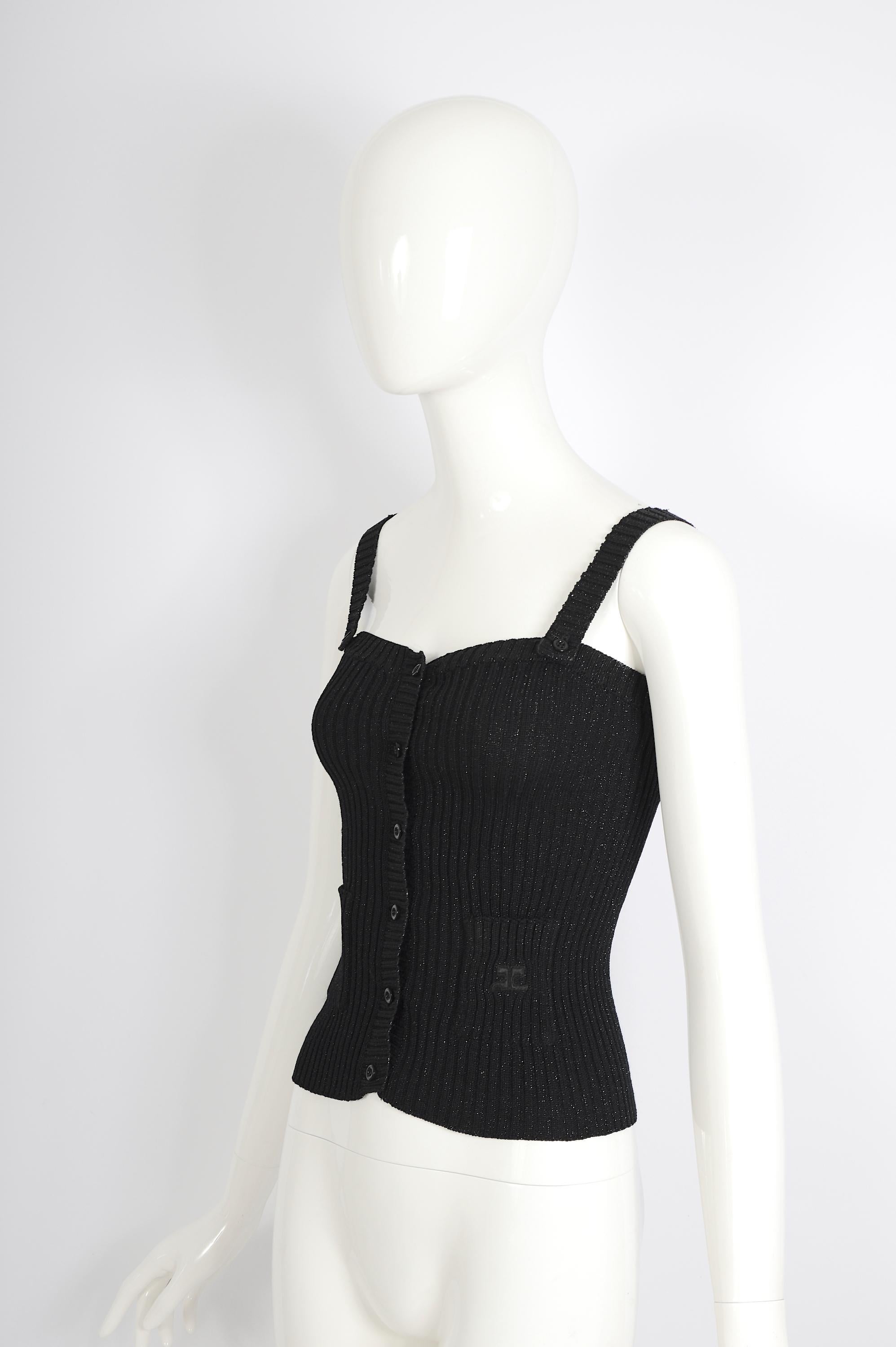 Courrèges 1960s schwarzes Baumwoll- und Lurex-Top aus Stretch mit Knopfverschluss vorne im Angebot 4