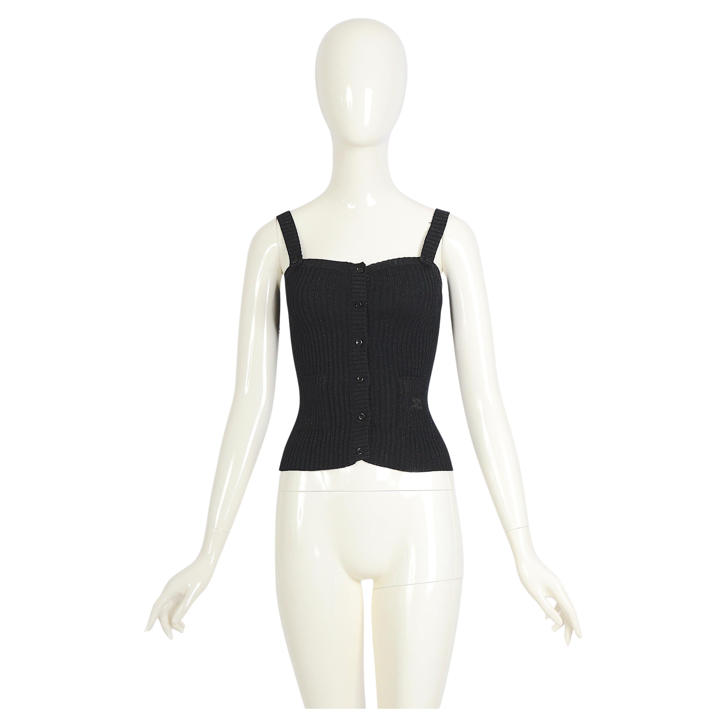 Courrèges 1960s black cotton & lurex stretch top with front button closure For Sale