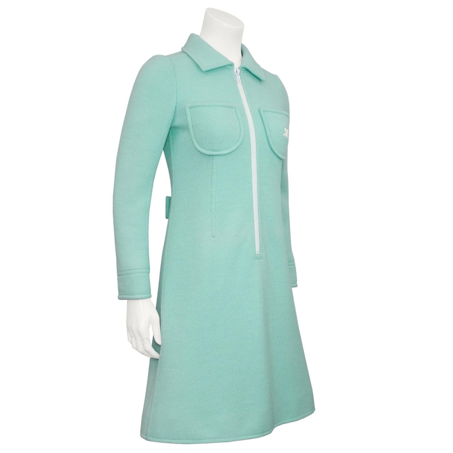 Deadstock vintage 1960's mint green wool knit jersey Courrèges dress. Purchased in late 1990's from an Australian shop that was going out of business with many pieces of untouched inventory for sale. This piece is Courrèges Hyperbole Size b which
