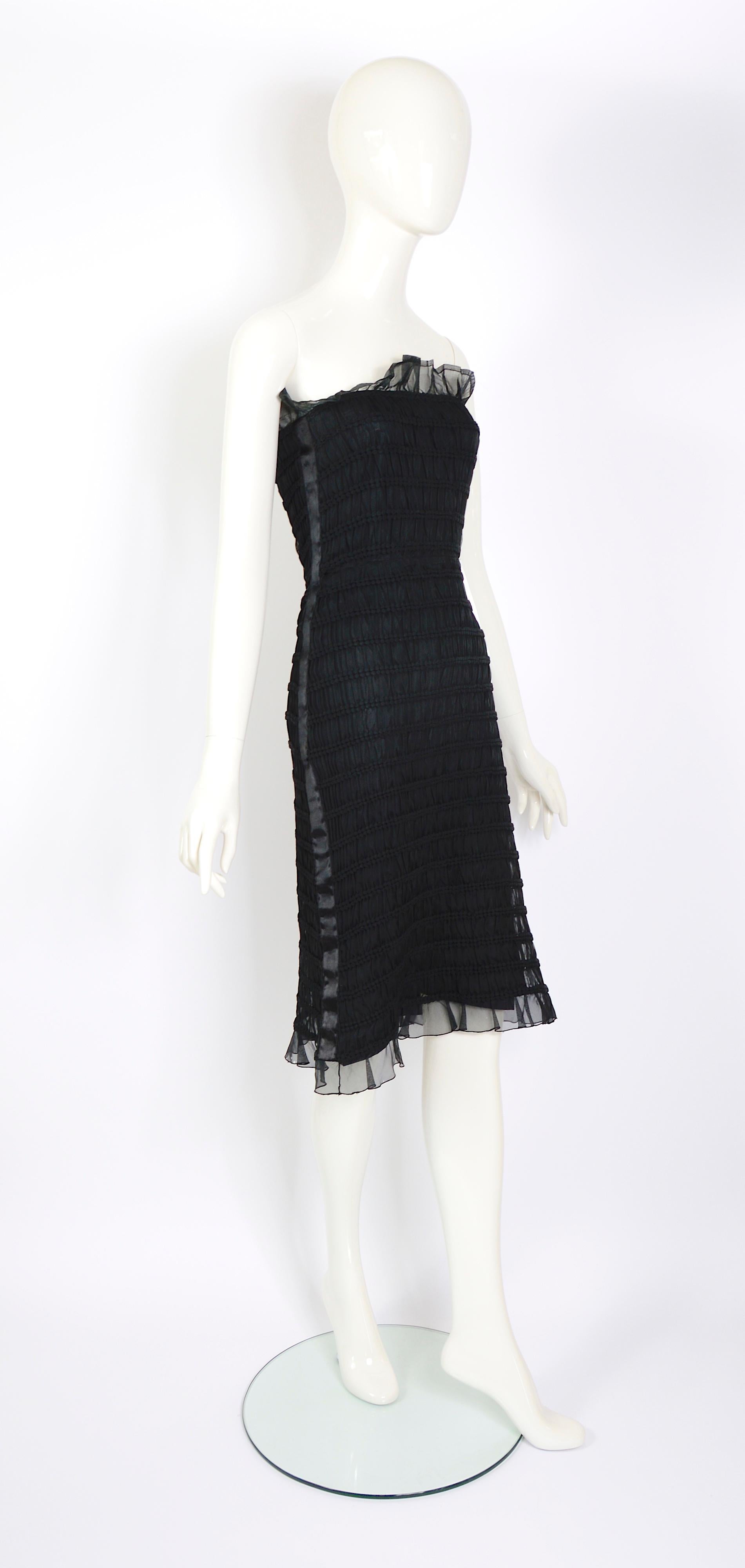 Black Courreges 1960s vintage black 100% silk smock boned bustier dress    For Sale