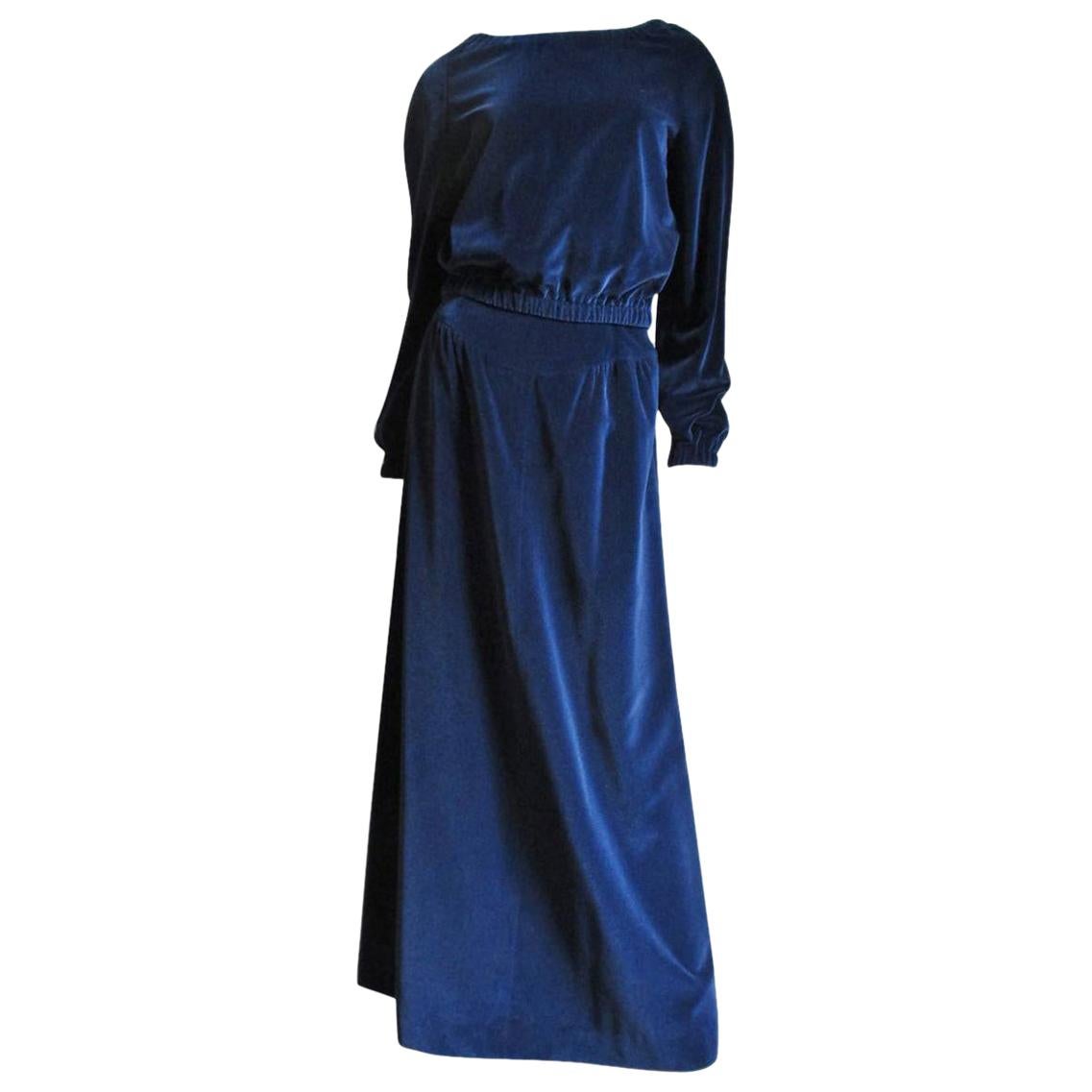 Courreges 1970s Hyperbole Blue Velvet Maxi Skirt and Top For Sale