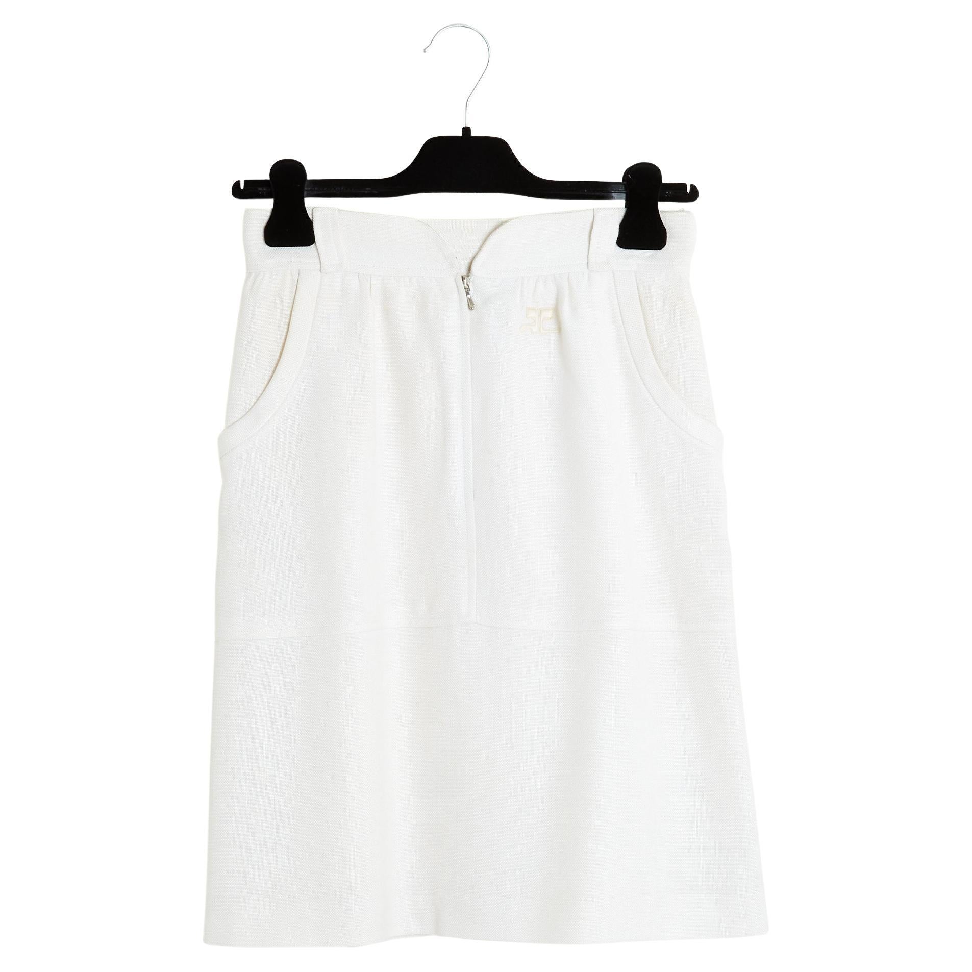 Courrèges 1970s Jupe Blanc FR36 White Rayon Straight Skirt UK8 US6 Courreges For Sale