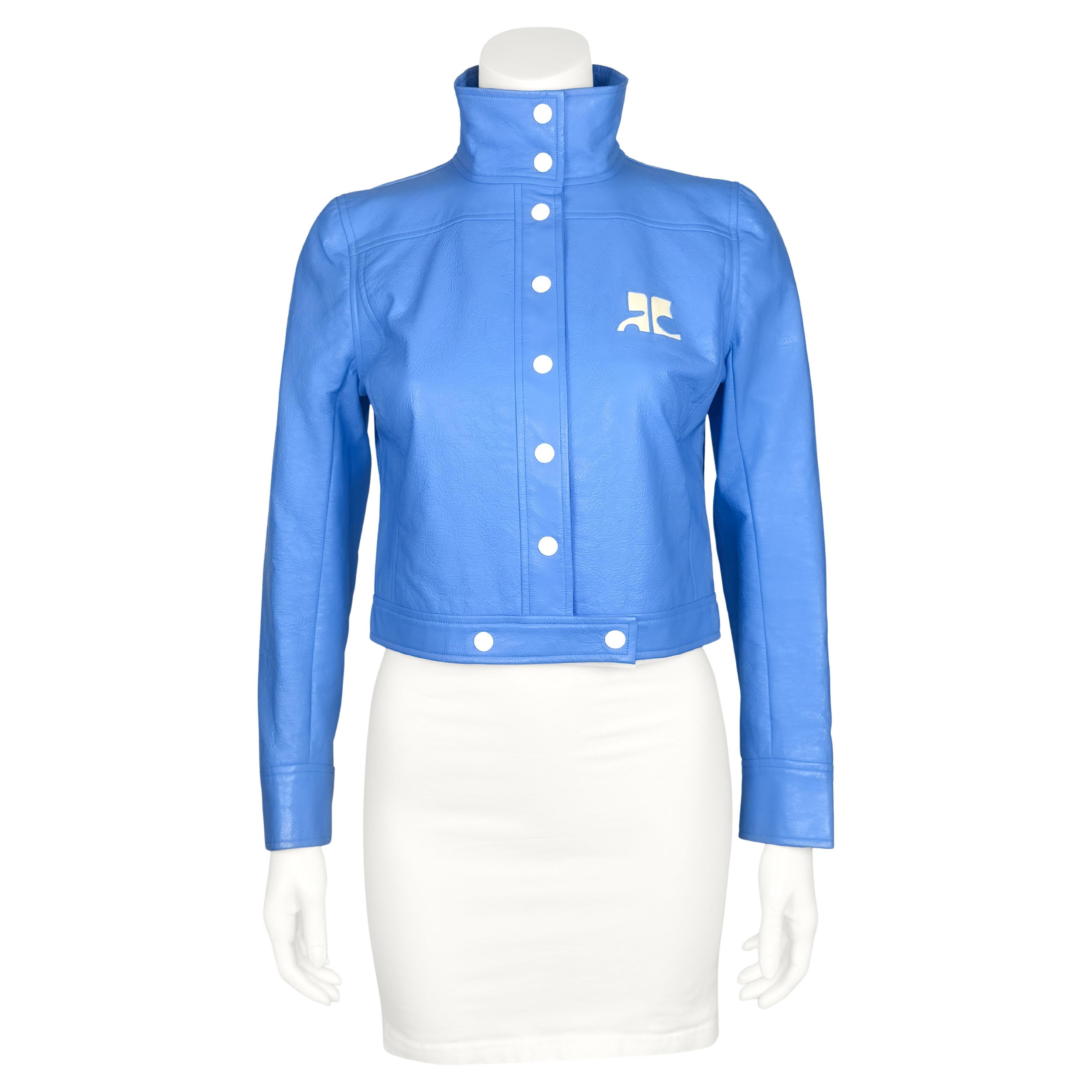 Courrèges 1990's Iconic Vinyl Bleu and White Leather Logo Jacket