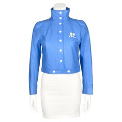 Courrèges 1990's Iconic Blue and White Vinyl Leather Logo Jacket