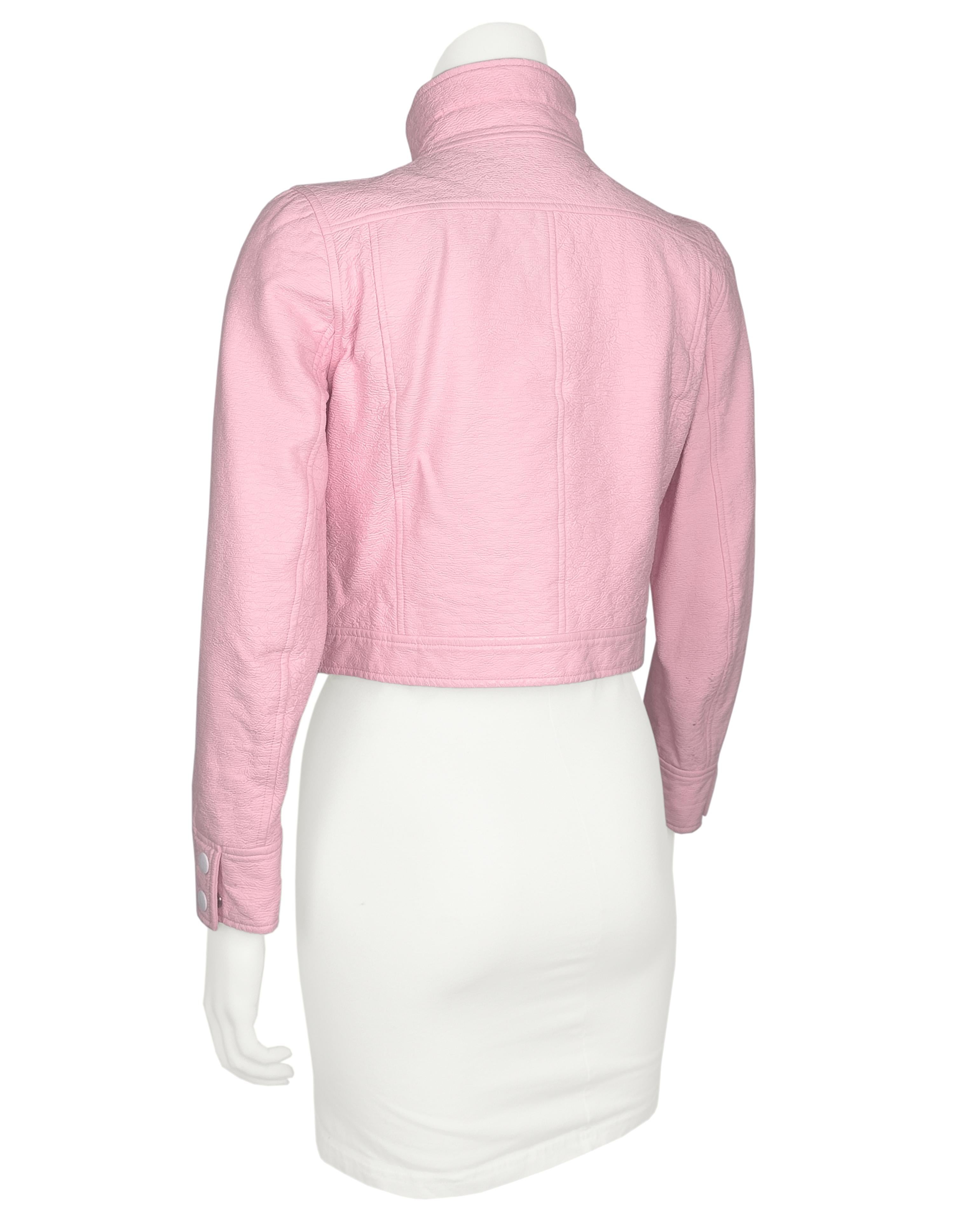 Courrèges 1990's Iconic Pink and Cream Vinyl Leather Logo Jacket In Fair Condition In Toronto, Ontario