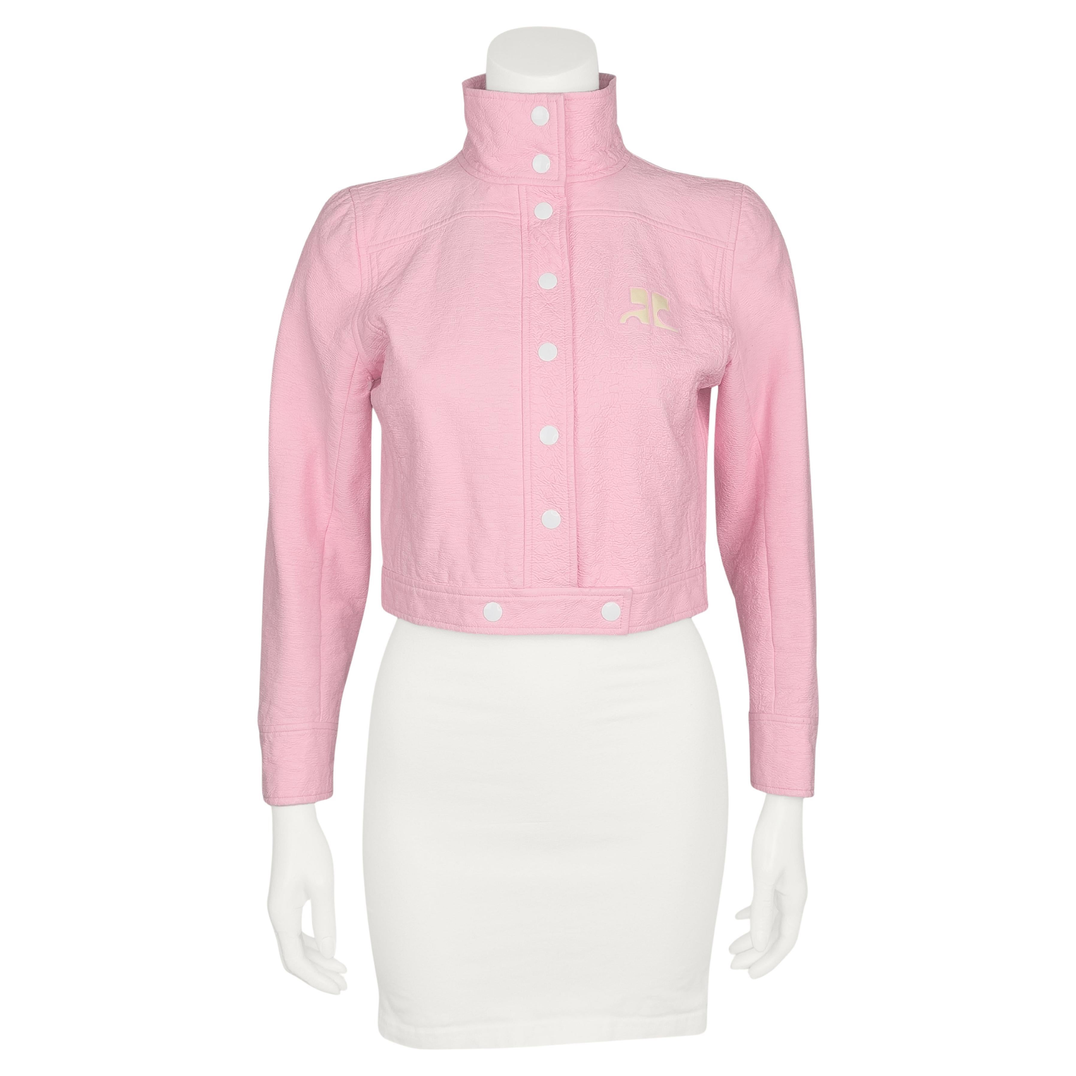 Courrèges 1990's Iconic Pink and Cream Vinyl Leather Logo Jacket
