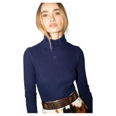 Courreges 70's Navy Ribbed Wool Knit Logo Turtleneck