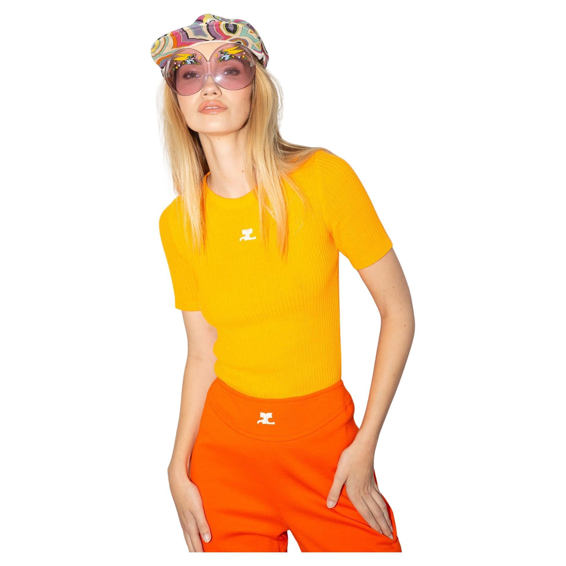 Courreges 70's Neon Orange Ribbed Short Sleeve Logo Knit Sweater