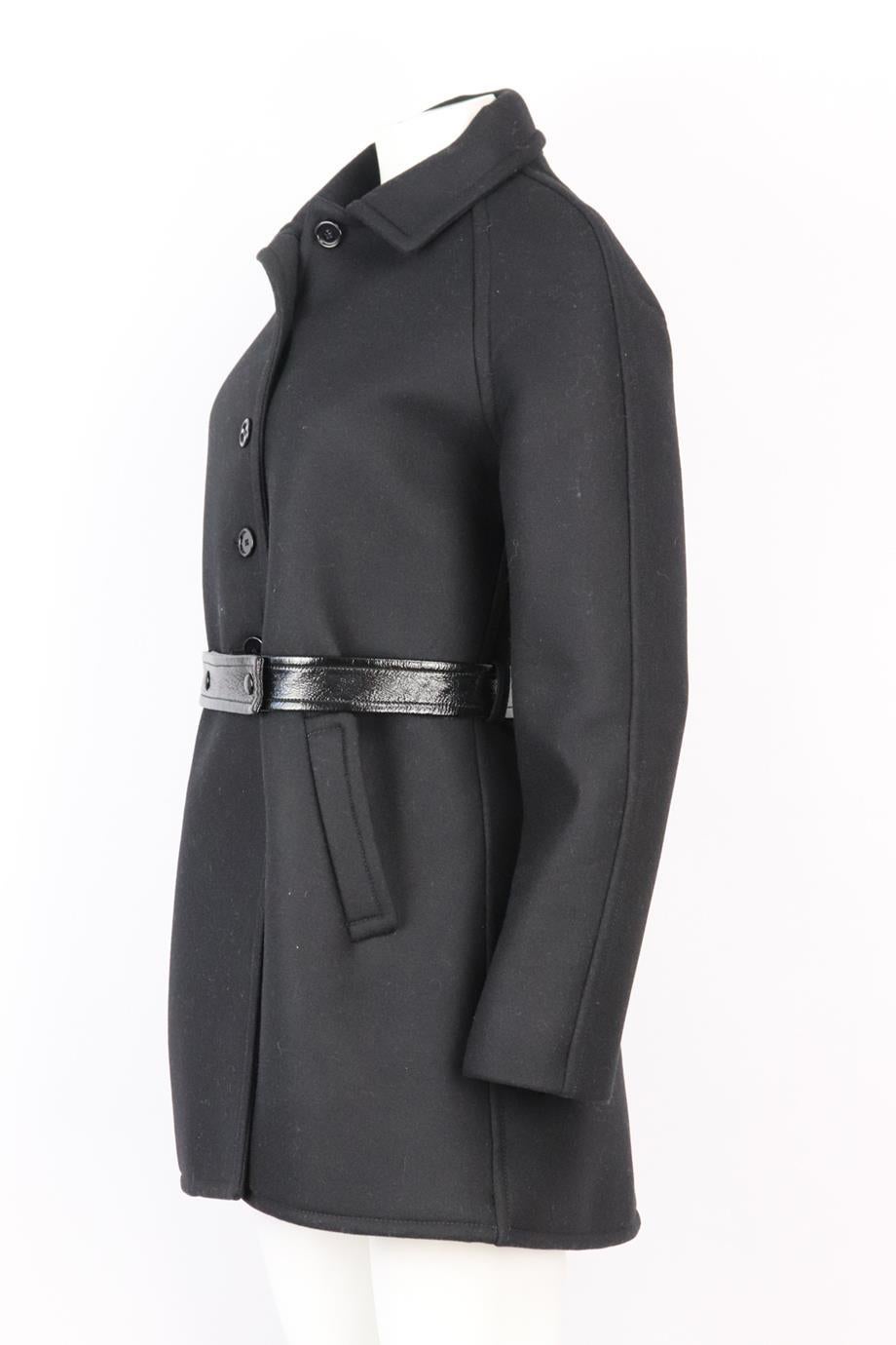 Courrēges Belted Leather Trimmed Wool Blend Coat Fr 38 Uk 10 In Excellent Condition In London, GB