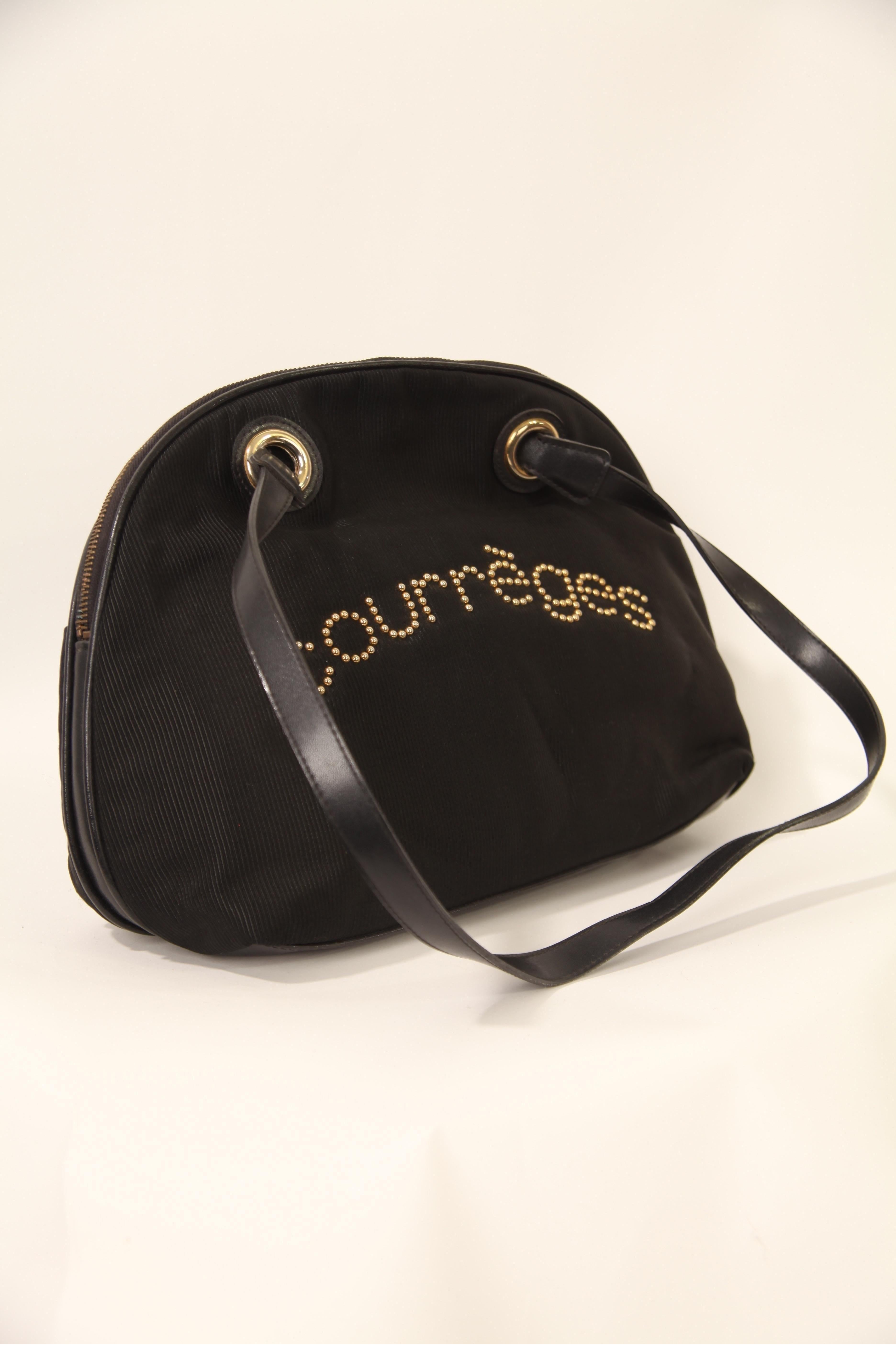 Courreges black corduroy demi-lune bag with gold studs logo signature. 1960s For Sale 2