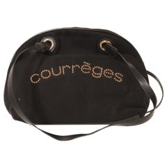 Courreges black corduroy demi-lune bag with gold studs logo signature. 1960s