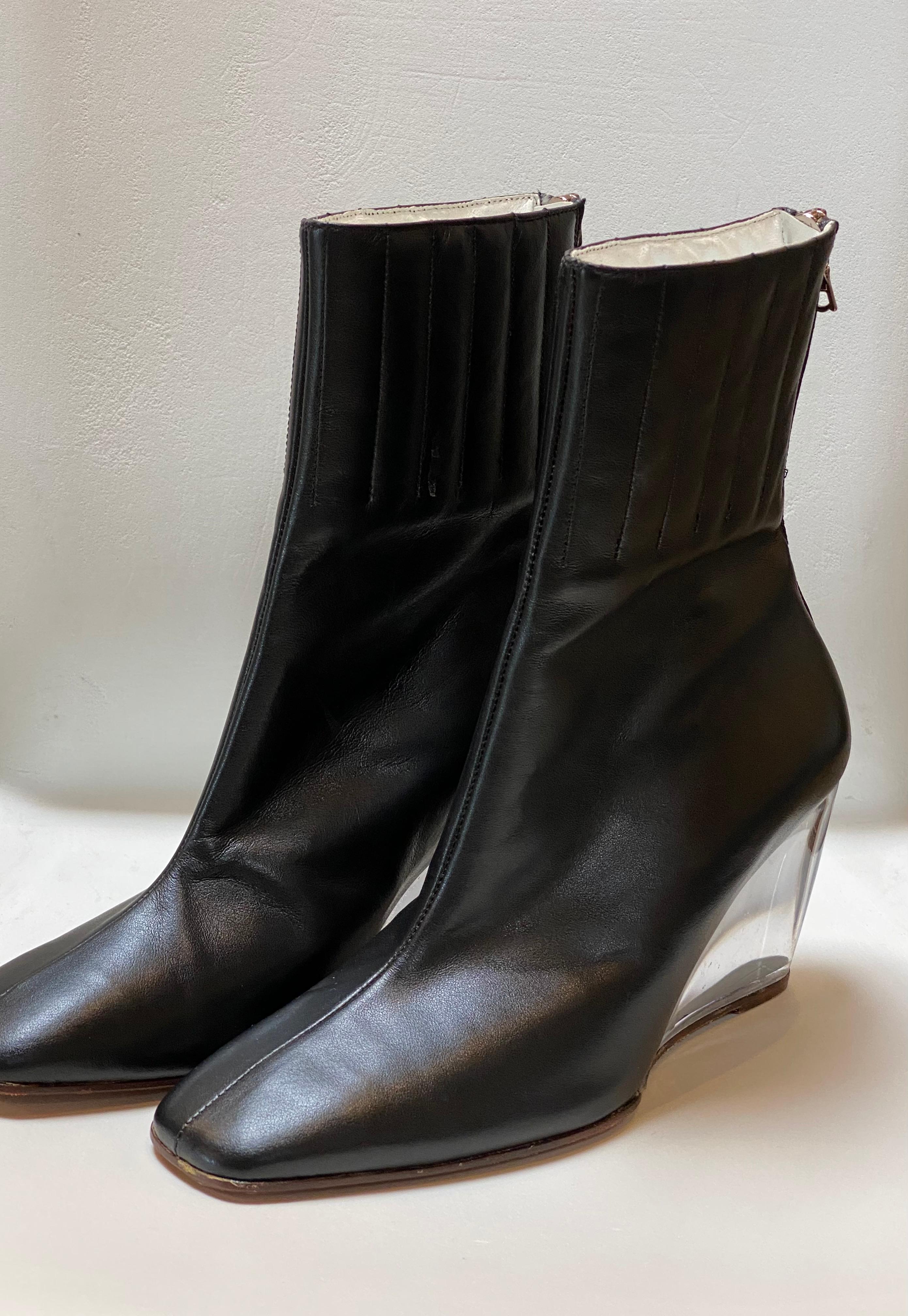 Courreges Black Leather Ankle Boot with Plexi Wedge Heel In New Condition For Sale In Laguna Beach, CA