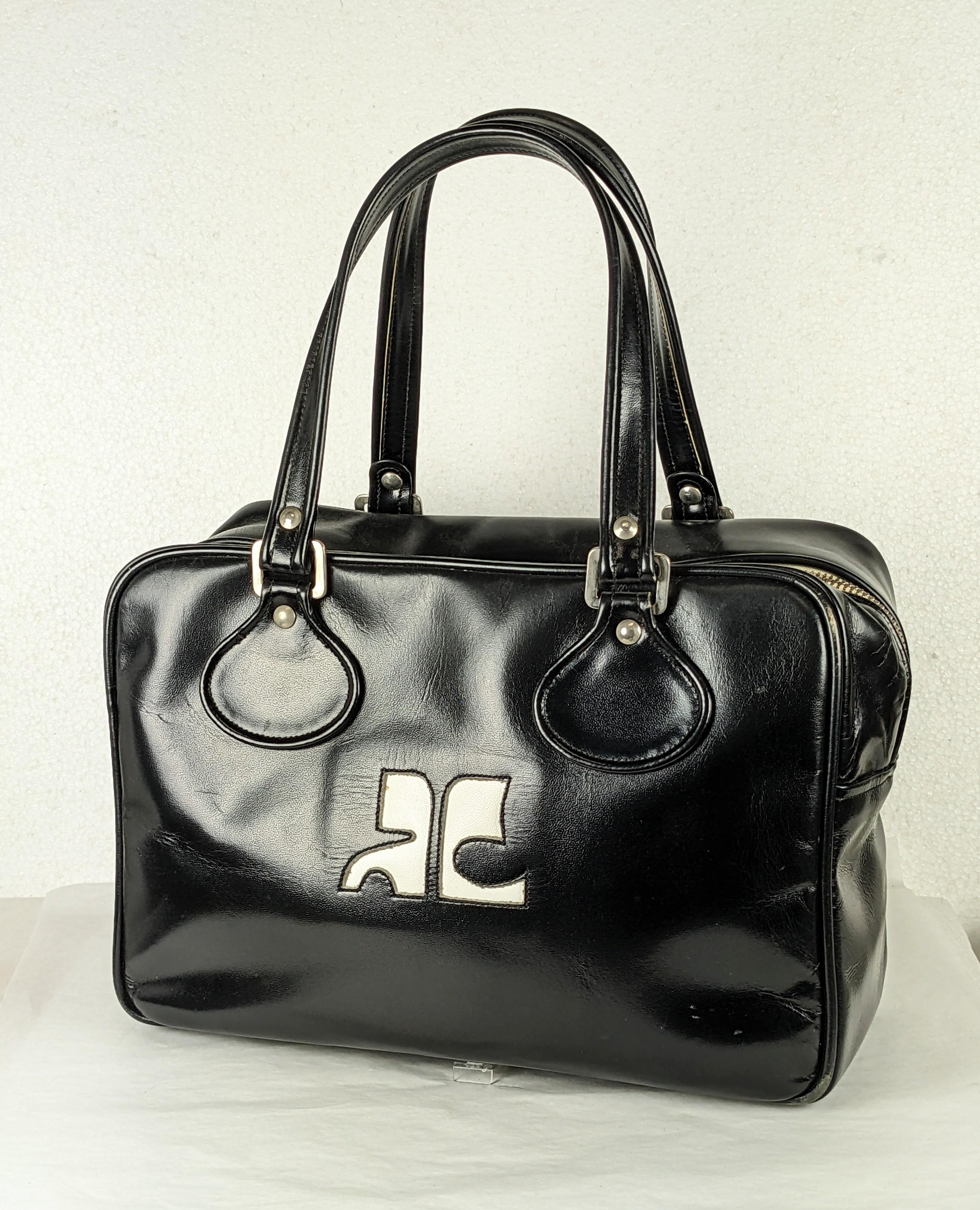 Courreges Black Leather Logo Satchel In Good Condition For Sale In New York, NY