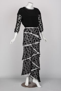 Courrèges Black Metallic Polka Dot Layered Maxi Dress, 1970s